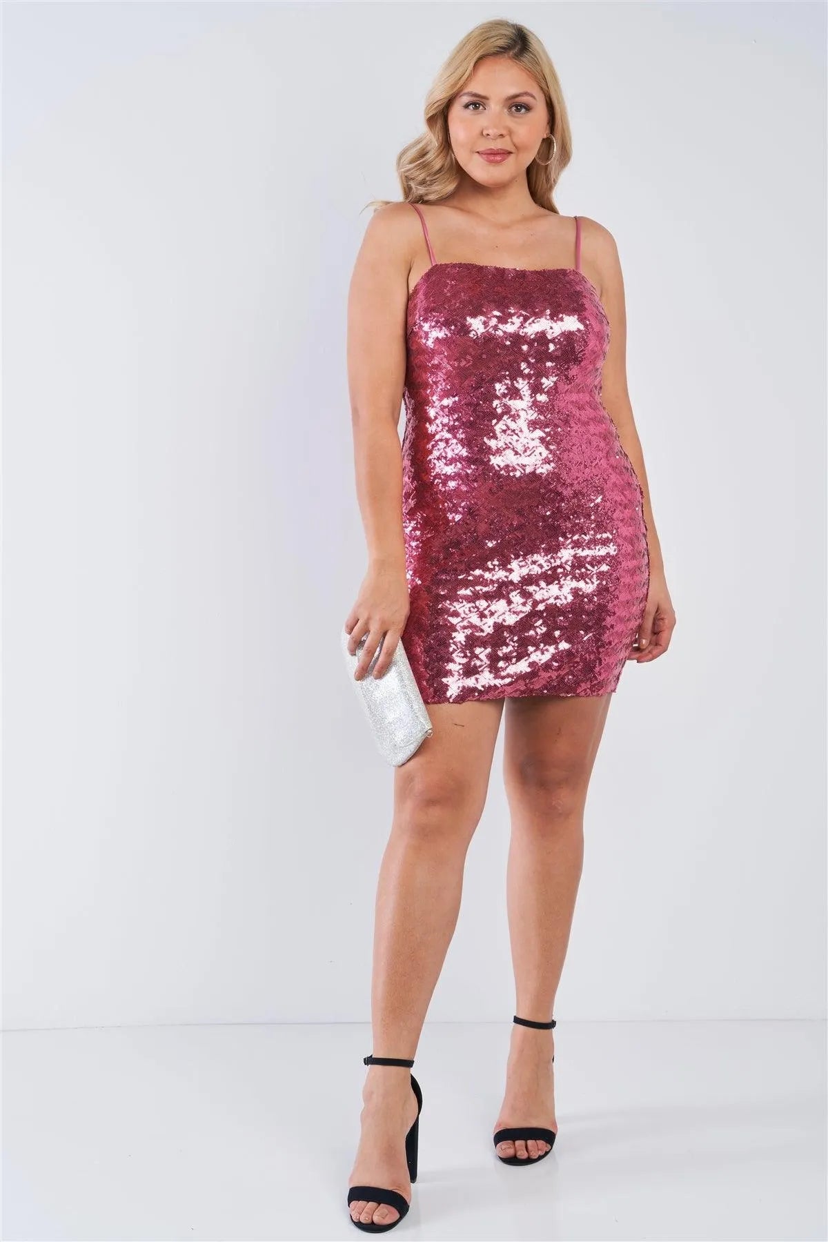 Junior Plus Size Pink Sequin Cami Bodycon Mini Dress /2-2-2 - Tasha Apparel Wholesale