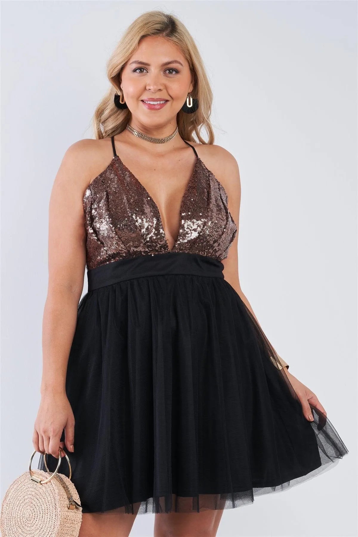 Junior Plus Size Black Sequin V-Neck Fit N' Flare Cocktail Dress /2-1-1 - Tasha Apparel Wholesale