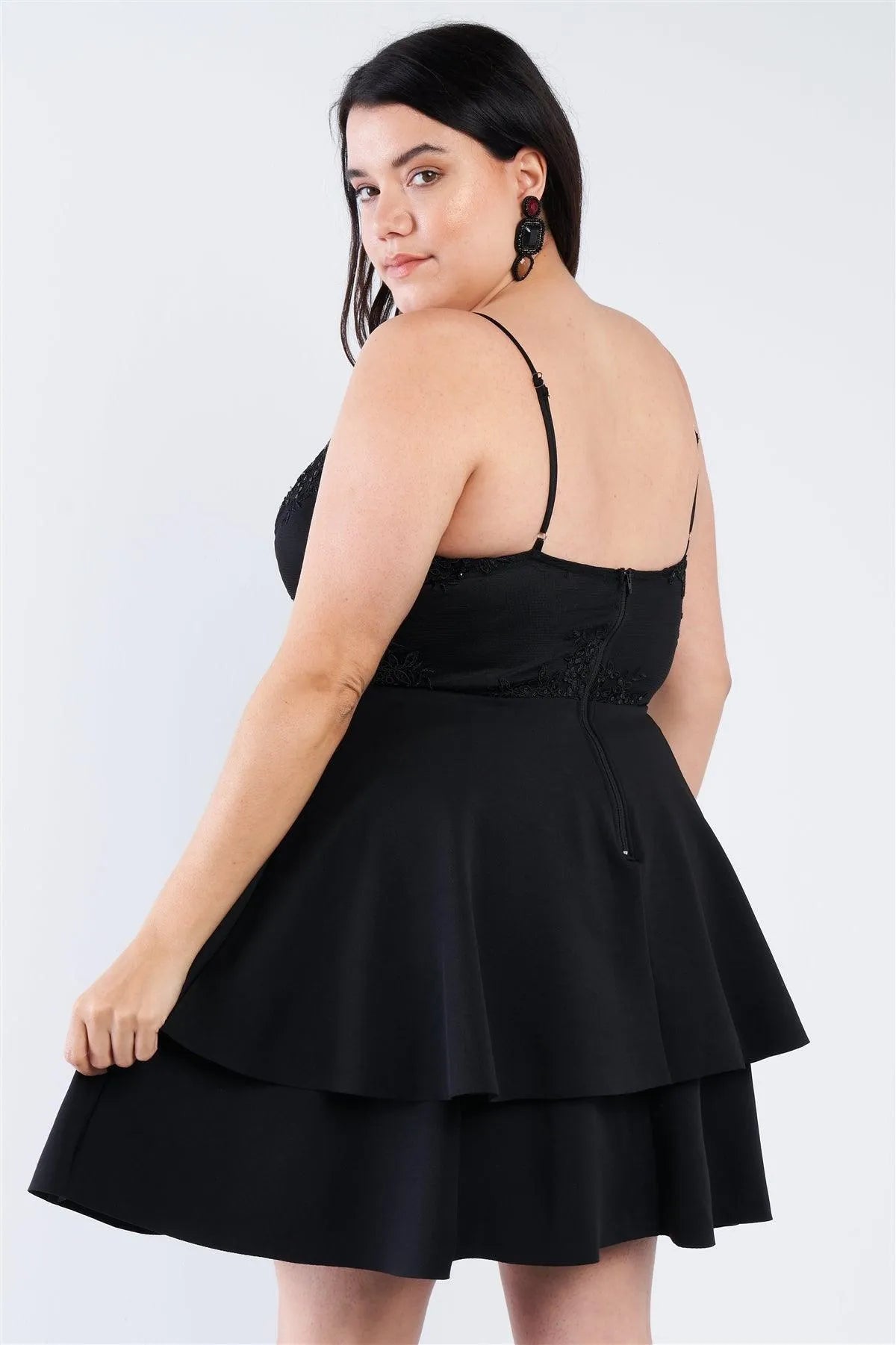 Junior Plus Size Black Lace Embroidered Layered Mini Dress /2-2-2 - Tasha Apparel Wholesale