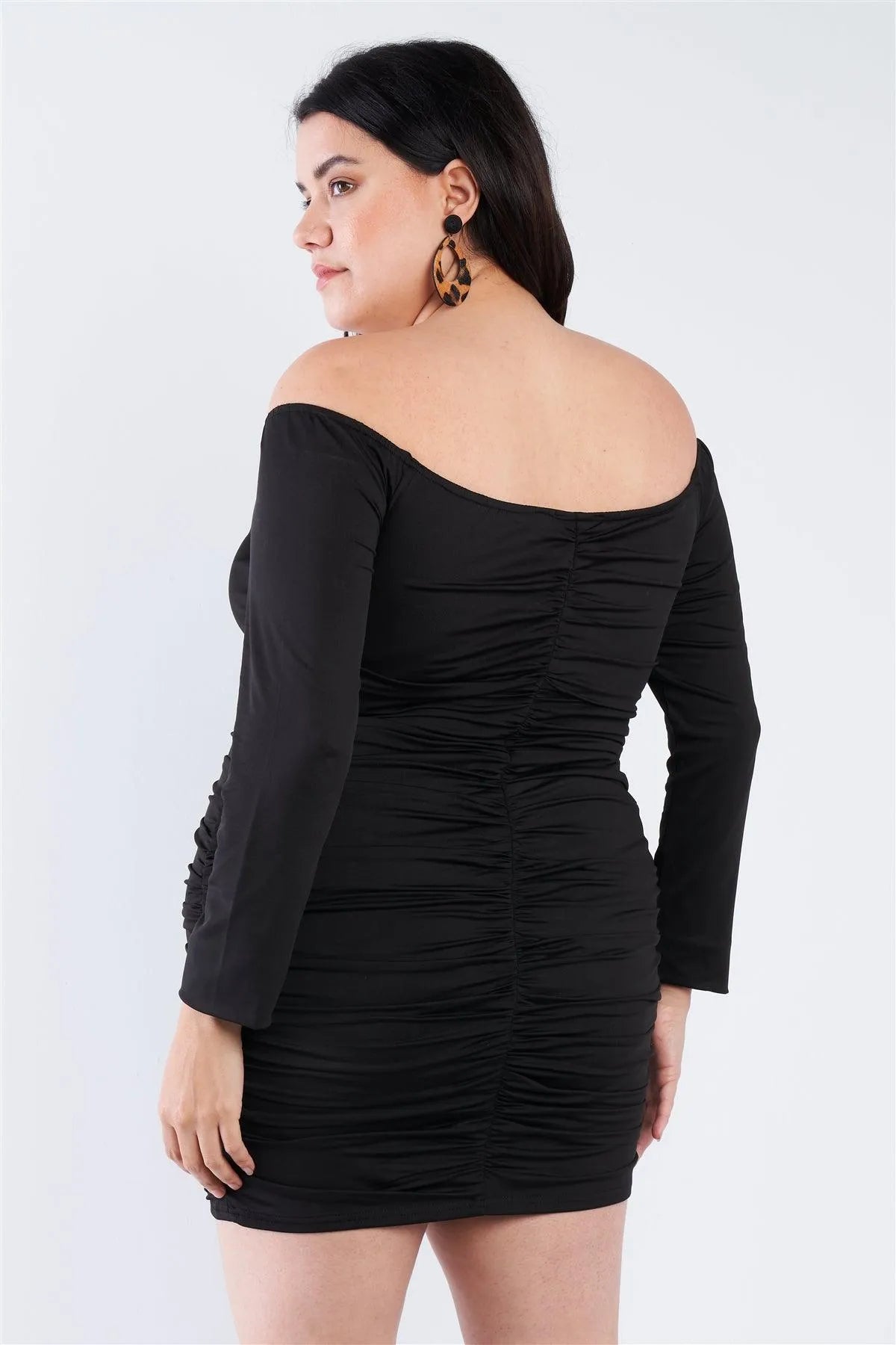 Junior Plus Size Black Off The Shoulder Lace Up Ruched Mini Dress /3-2-2 - Tasha Apparel Wholesale