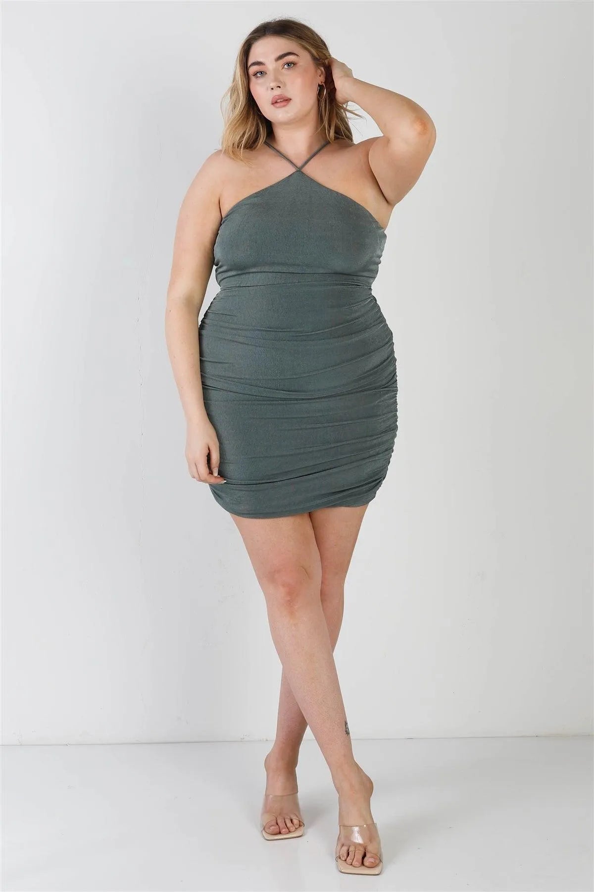 Plus Size Sage Ruched Back Lace Down Mini Dress /1-1-1 - Tasha Apparel Wholesale