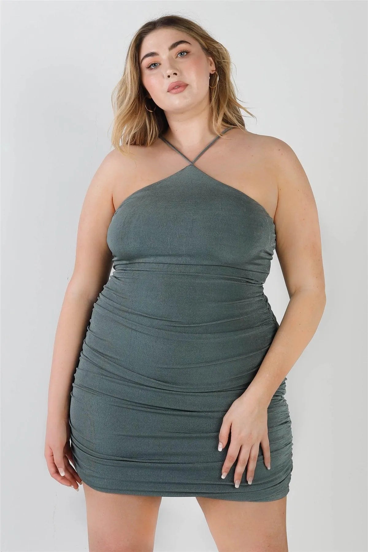Plus Size Sage Ruched Back Lace Down Mini Dress /2-2-2 Plus Size Sage Ruched Back Lace Down Mini Dress /2-2-2