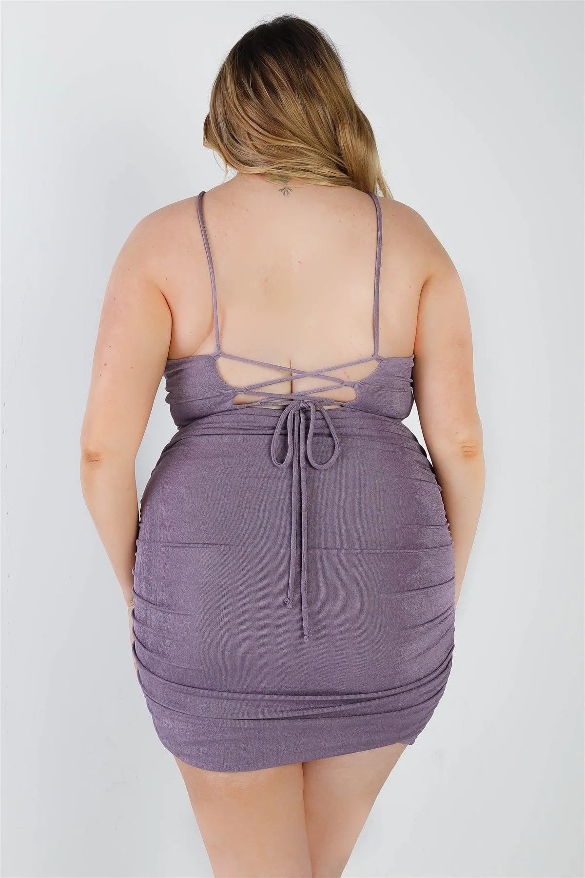 Plus Size Ruched Back Lace Down Mini Dress /2-2-2 - Tasha Apparel Wholesale