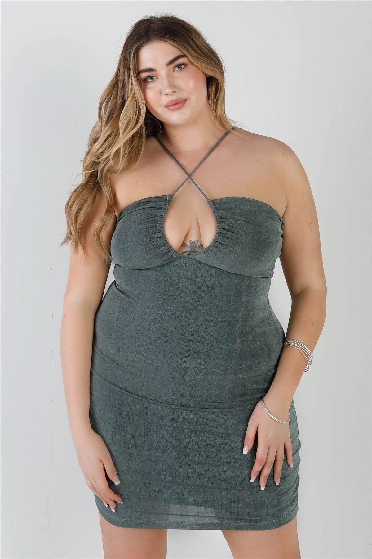 Junior Plus Teal Textured Sleeveless Cut-Out Detail Self-Tie Back Mini Dress /2-2-2 - Tasha Apparel Wholesale