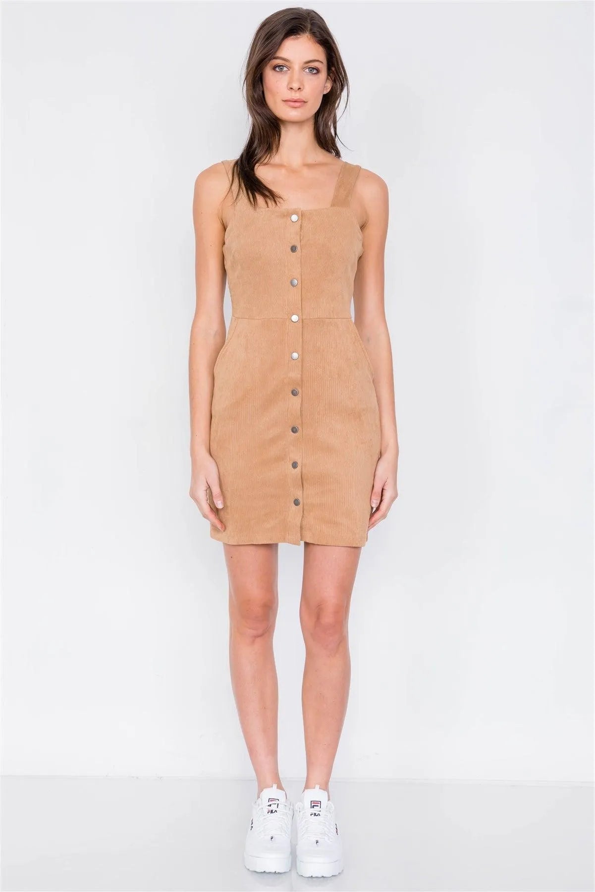 Camel Suede Ribbed Button Down Square Neck Boho Mini Dress /2-2-2 - Tasha Apparel Wholesale
