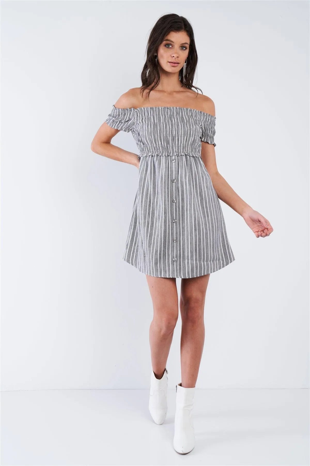 Black Grey & White Stripe Ruched Off-The-Shoulder Mini front Button Dress /3-2-1 - Tasha Apparel Wholesale