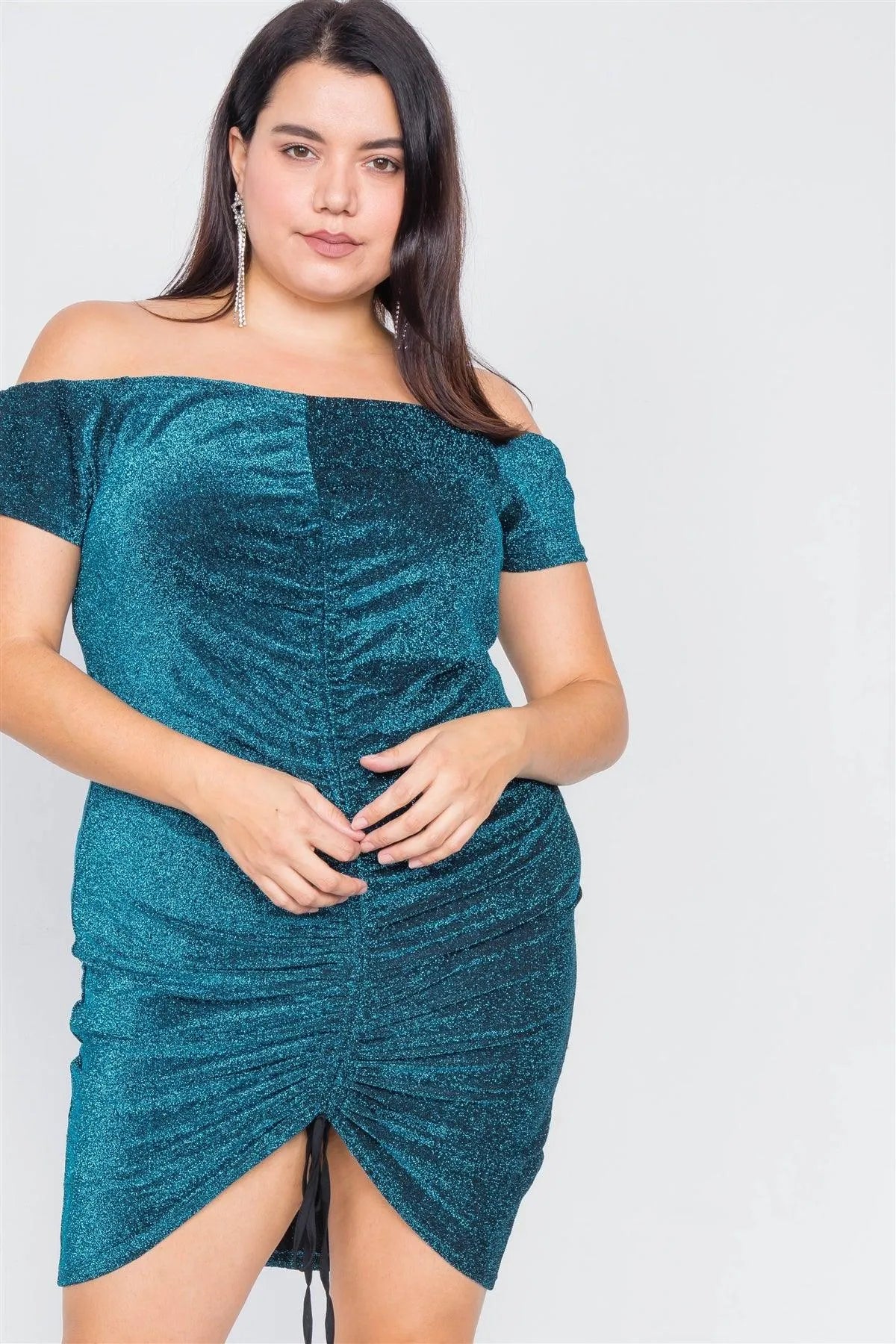 Junior Plus Size Teal Ruched Draw String Off The Shoulder Mini Glitter Dress /2-2-2 - Tasha Apparel Wholesale