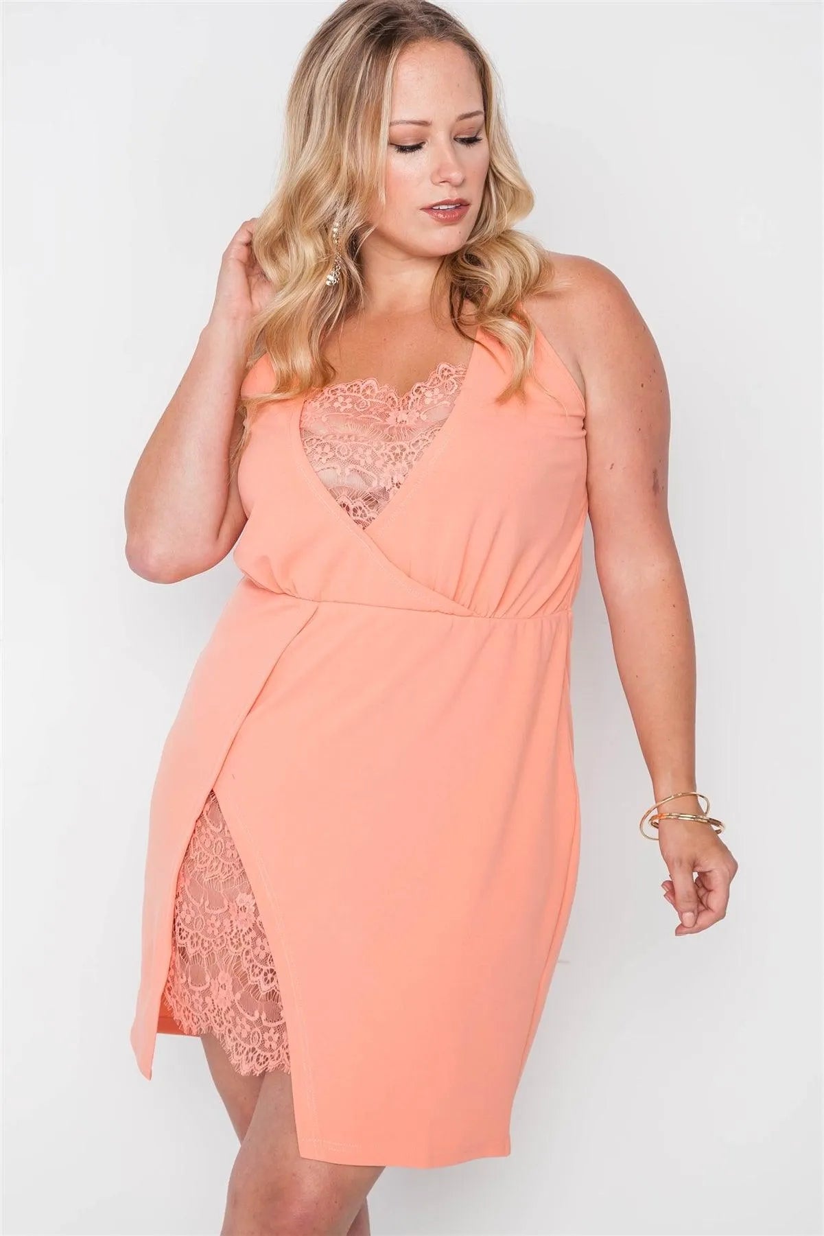 Junior Plus Size Coral Lace Detail Bodycon Mini Dress / 2-2-2 - Tasha Apparel Wholesale