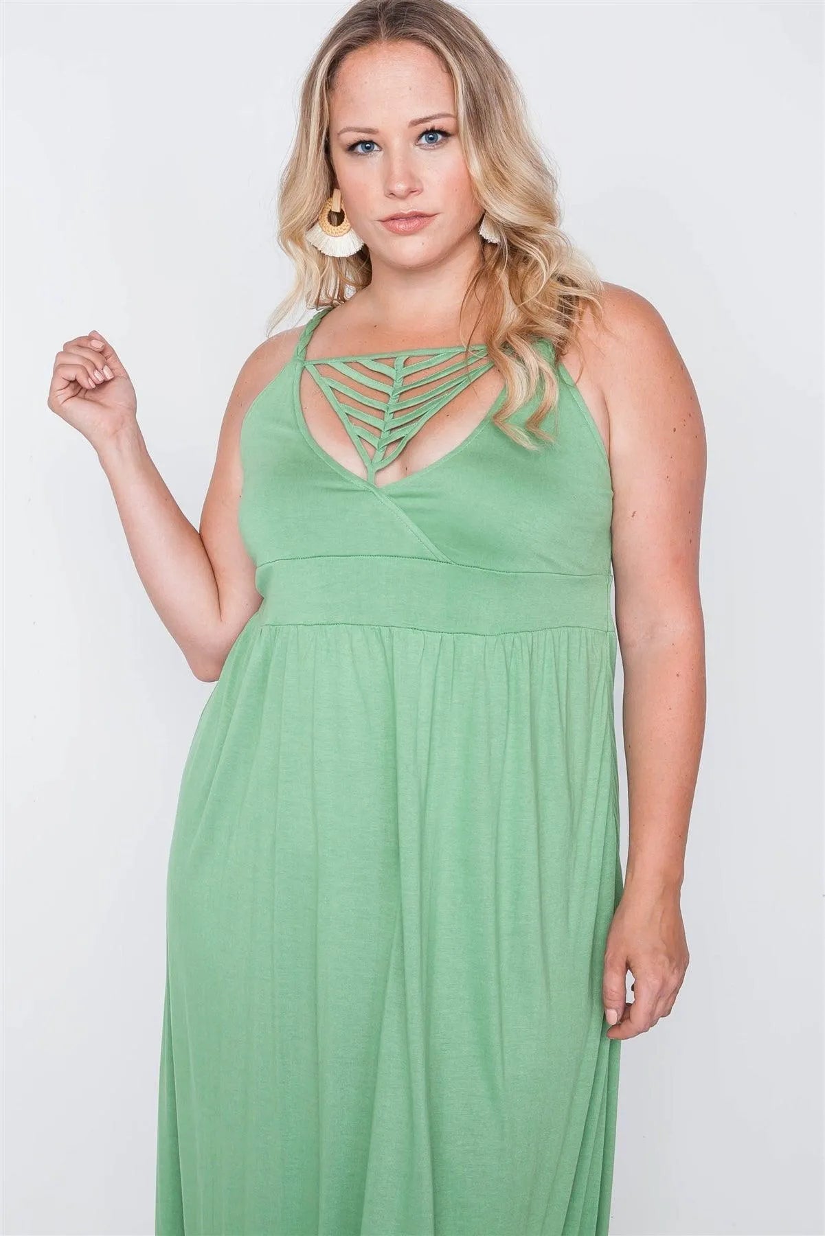 Junior Plus Size Sage Strap Detail Cami Solid Maxi Dress / 2-2-2 - Tasha Apparel Wholesale