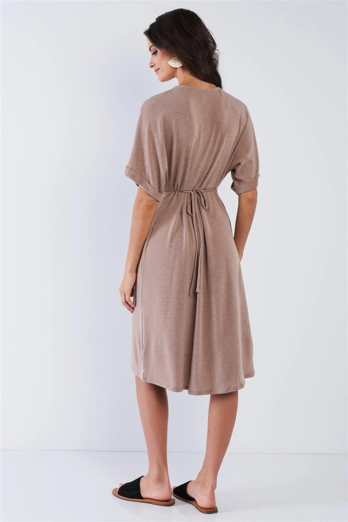 Mocha Fleece Short Sleeve Button Up Dress /2-2-2 - Tasha Apparel Wholesale