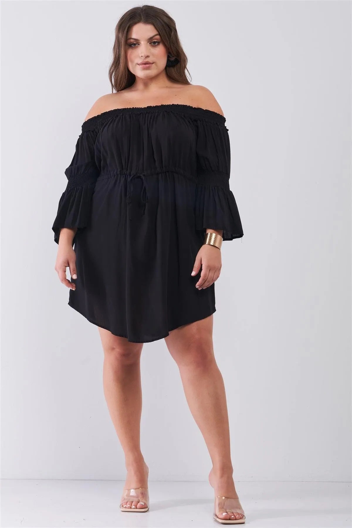Junior Plus Size Black Smocked Off-The-Shoulder Midi Sleeve Self-Tie Waist Mini Dress /2-2-2 - Tasha Apparel Wholesale