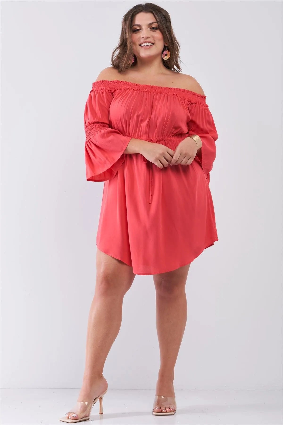 Junior Plus Size Coral Smocked Off-The-Shoulder Midi Sleeve Self-Tie Waist Mini Dress /2-1-1 - Tasha Apparel Wholesale