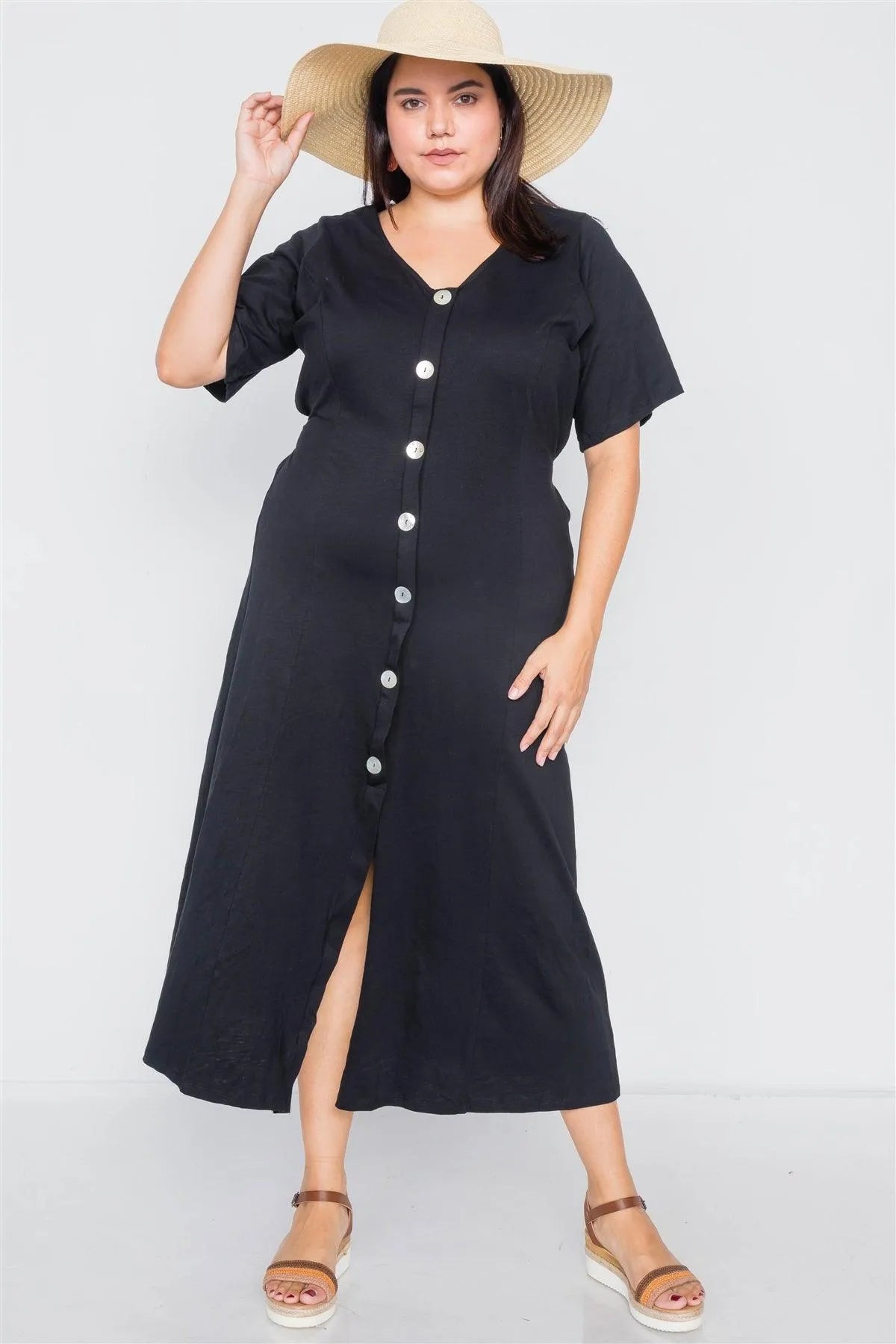 Junior Plus Size Black Cotton V-Neck Wrap Opal Button Down Maxi Dress /1-2-2 - Tasha Apparel Wholesale