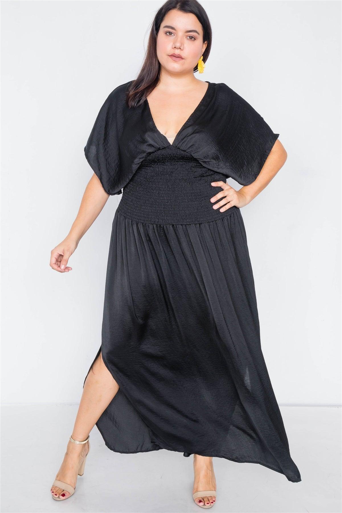 Plus Size Black V-Neck Satin Kimono Sleeve Maxi Dress