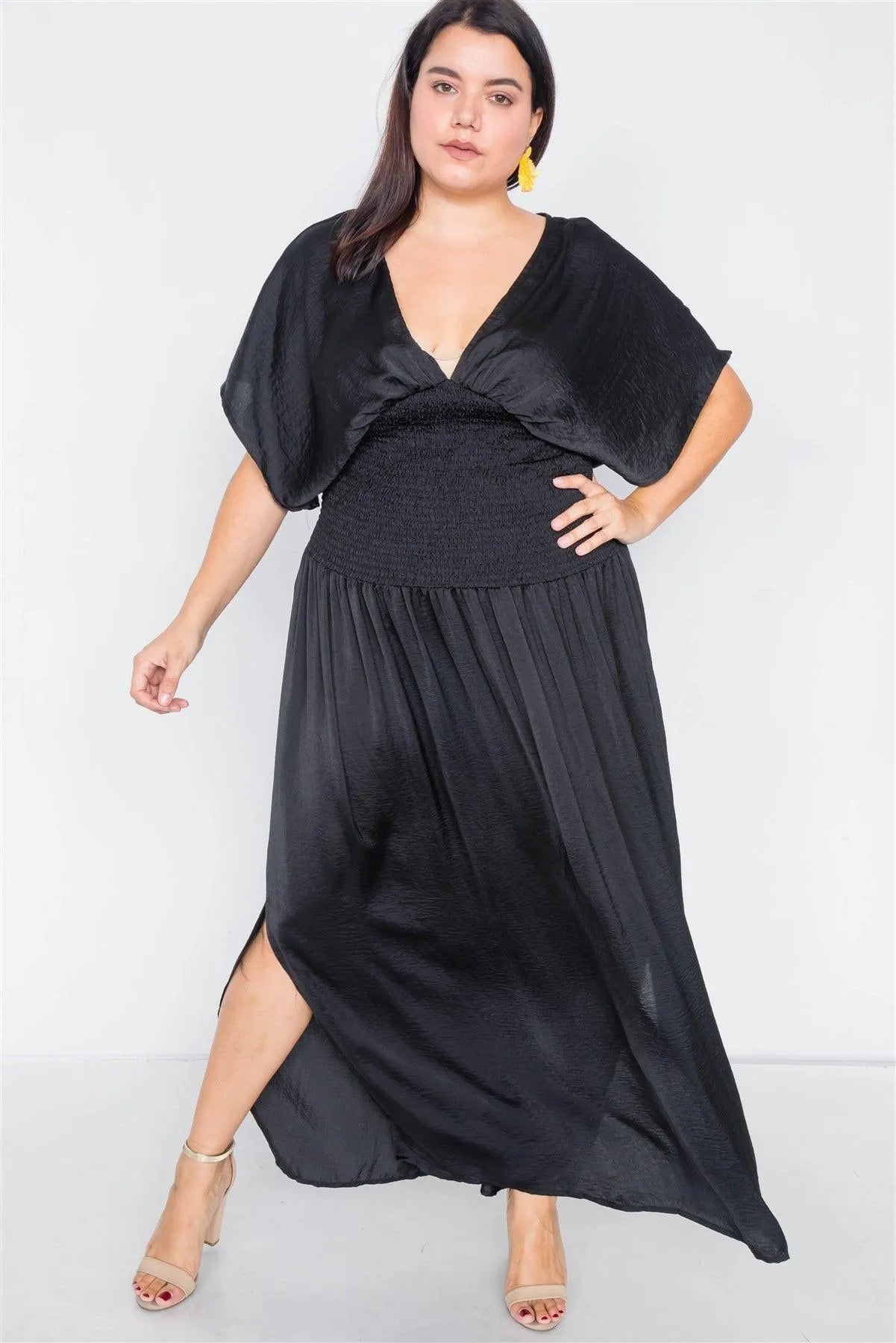 Plus Size Black V-Neck Satin Kimono Sleeve Maxi Dress - Tasha Apparel Wholesale