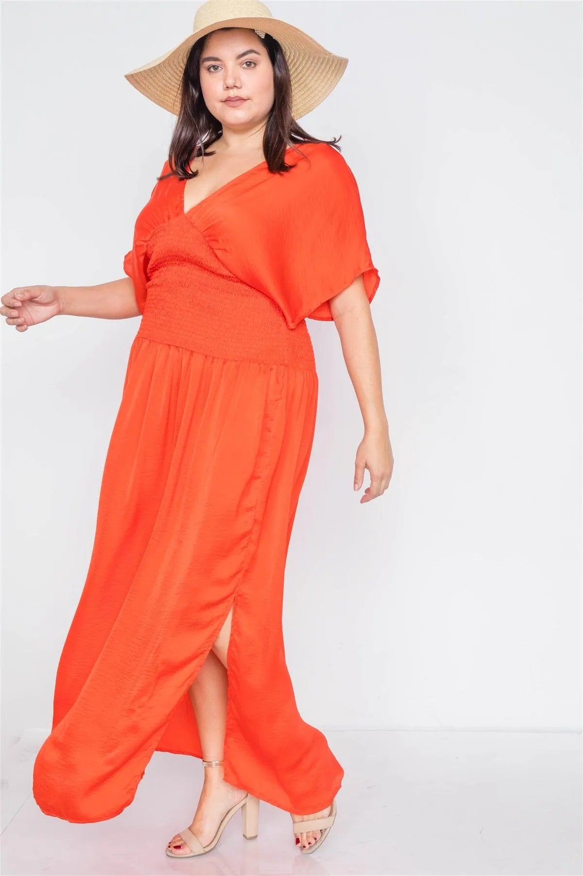 Plus Size Coral V-Neck Satin Kimono Sleeve Maxi Dress - Tasha Apparel Wholesale