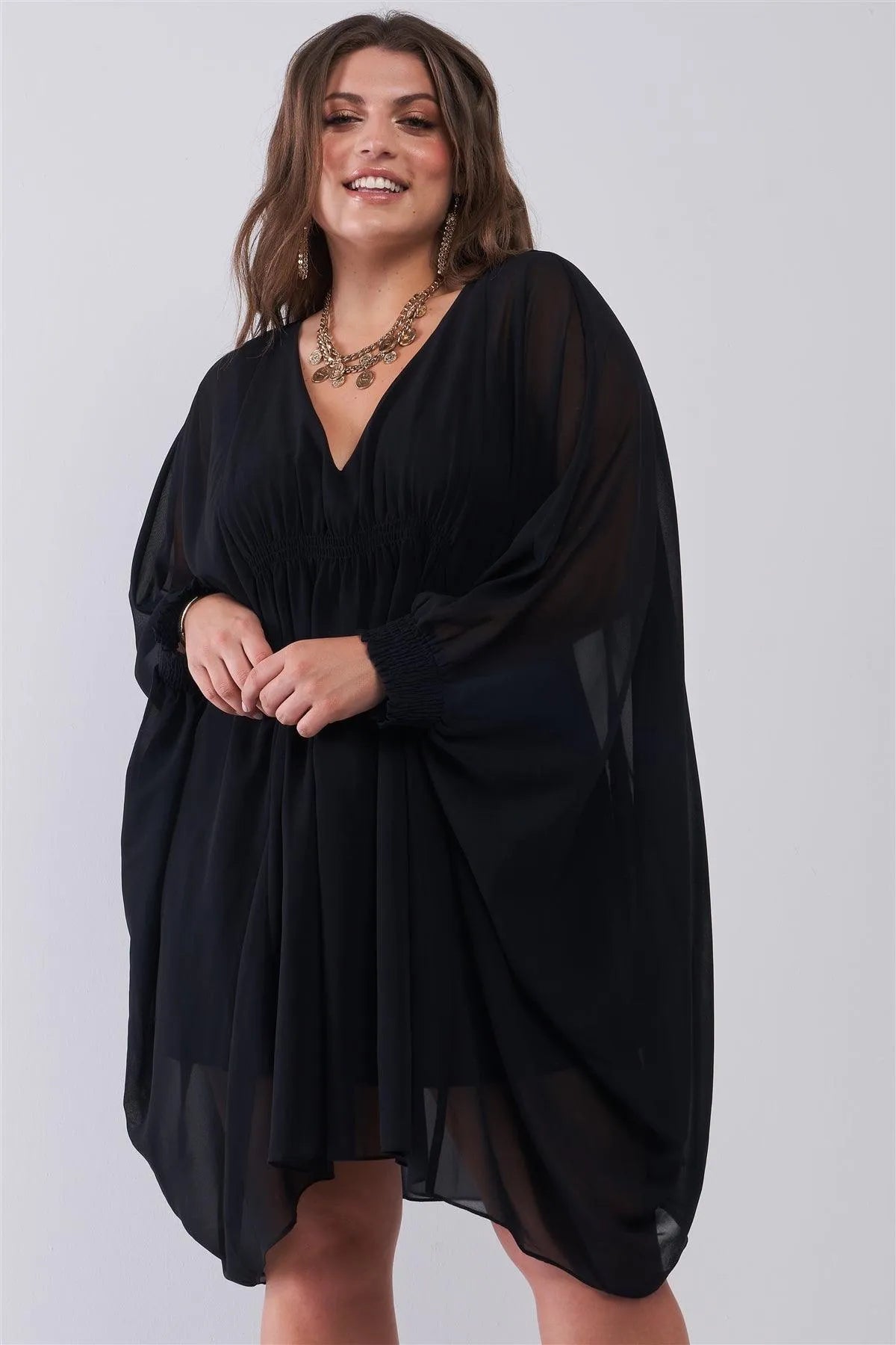 Junior Plus Black Poncho V-Neck Gathered Front Long Sleeve With Elasticated Cuff Mini Dress /1-2-3 - Tasha Apparel Wholesale