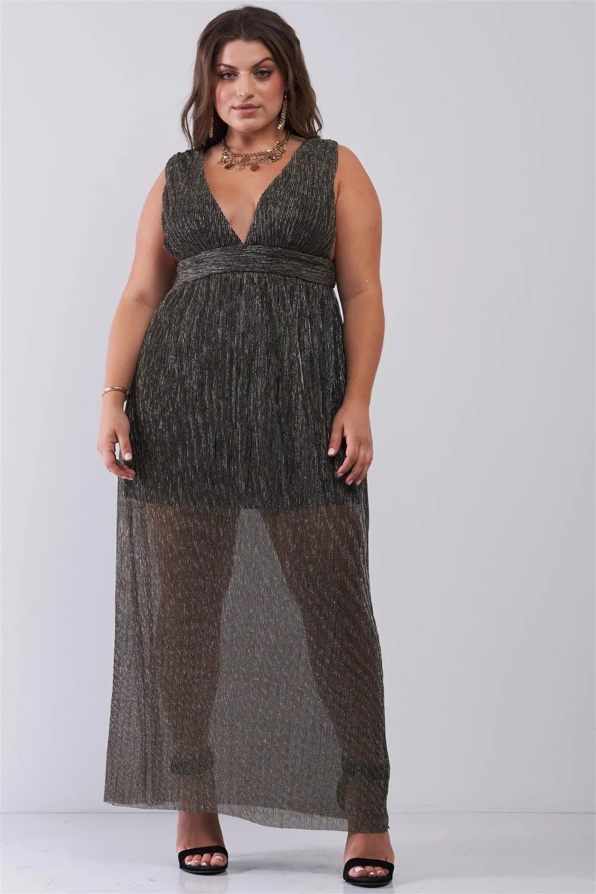 Junior Plus Black & Gold V-Neck Sleeveless Pleated Fabric Maxi Dress /2-2-2 - Tasha Apparel Wholesale