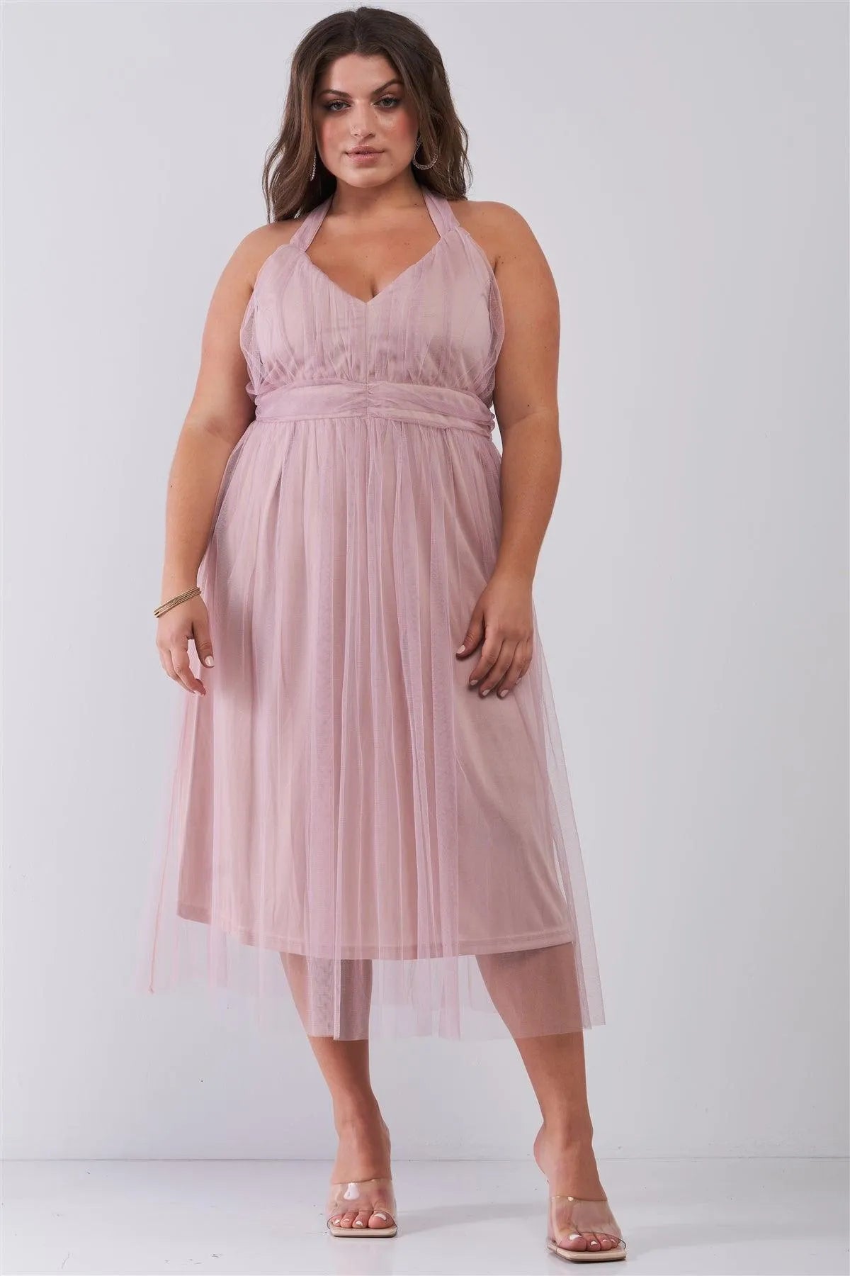 Junior Plus Mauve Halter Neck Sleeveless Mesh High-Waisted Midi Dress /2-2-2 - Tasha Apparel Wholesale