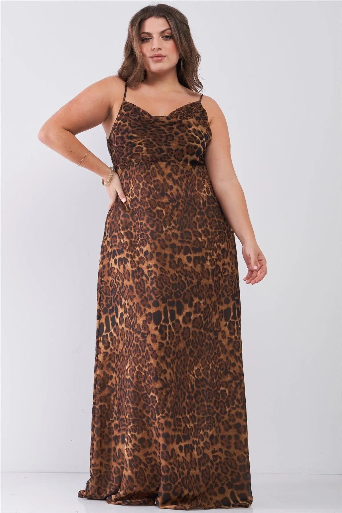Can't Tame Me Junior Plus Size Sexy Brown Leopard Print Sheer Mesh Sleeveless Cowl Neck Side Slit Detail Maxi Dress /3-1-1 - Tasha Apparel Wholesale
