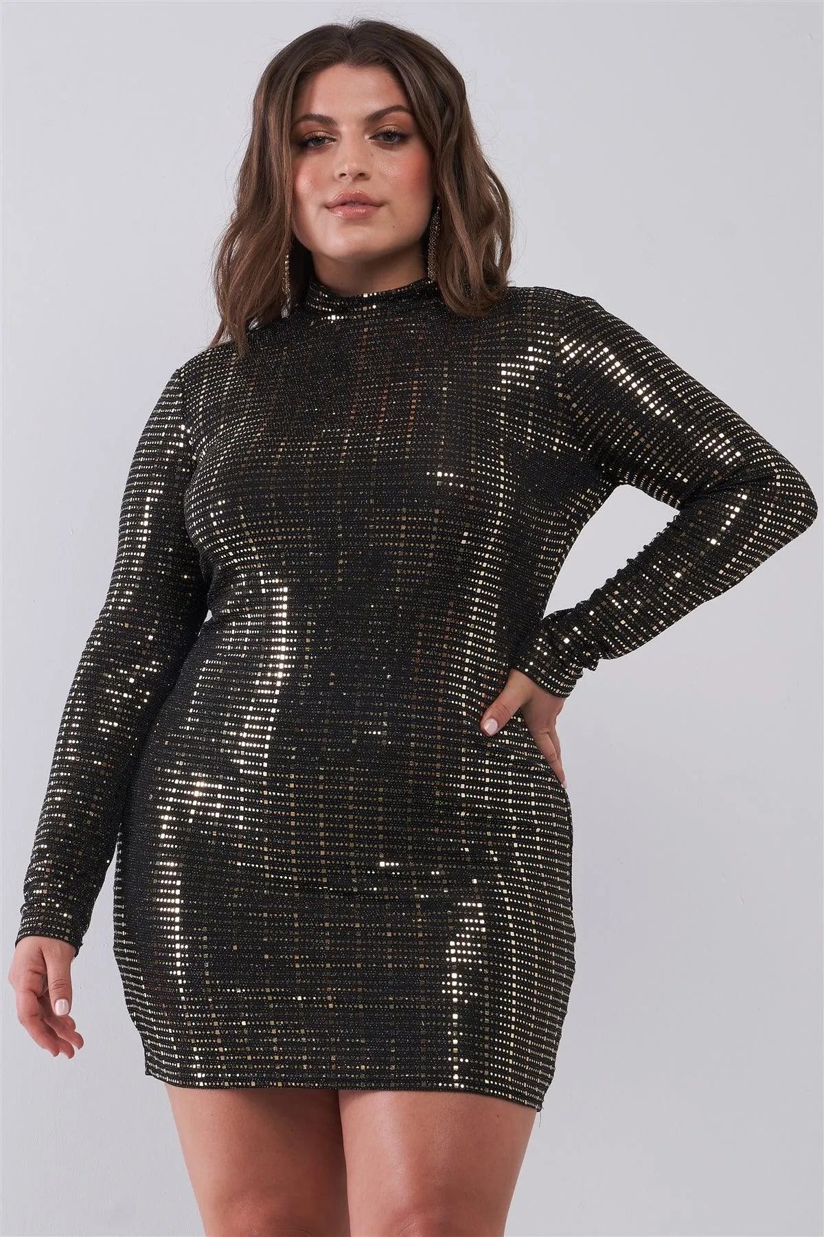 Junior Plus Size Black Gold Sequin Mesh Long Sleeve Mock Neck Slit Back Detail Relaxed Mini Dress /3-1-2 - Tasha Apparel Wholesale