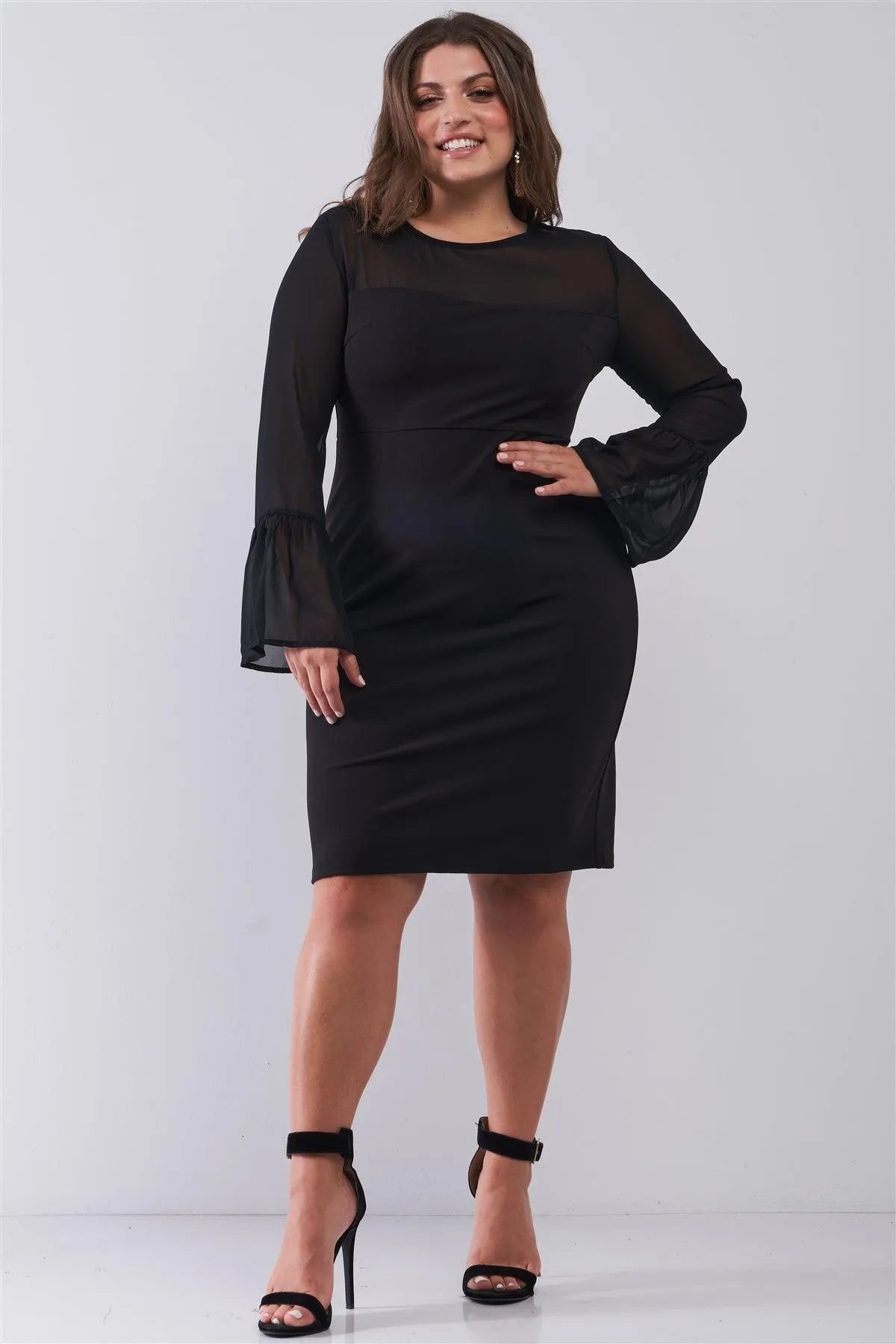 Junior Plus Size Classy Black Round Neck Flared Sheer Mesh Sleeve Detail Structured Tight Mini Dress /1-3-2 - Tasha Apparel Wholesale