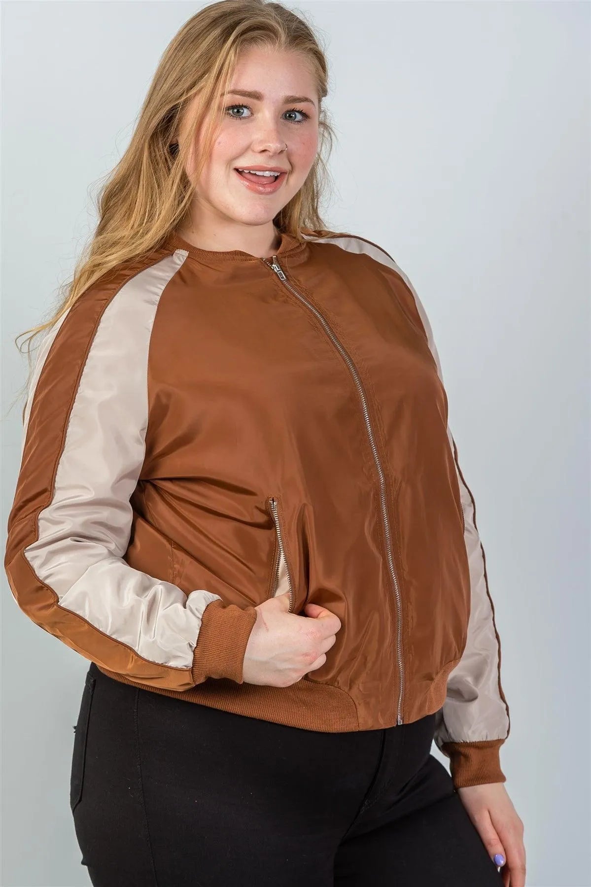 Junior Plus Size Camel Color Block Stand Collar Zipper Long Sleeve Bomber Jacket /2-2-2 - Tasha Apparel Wholesale