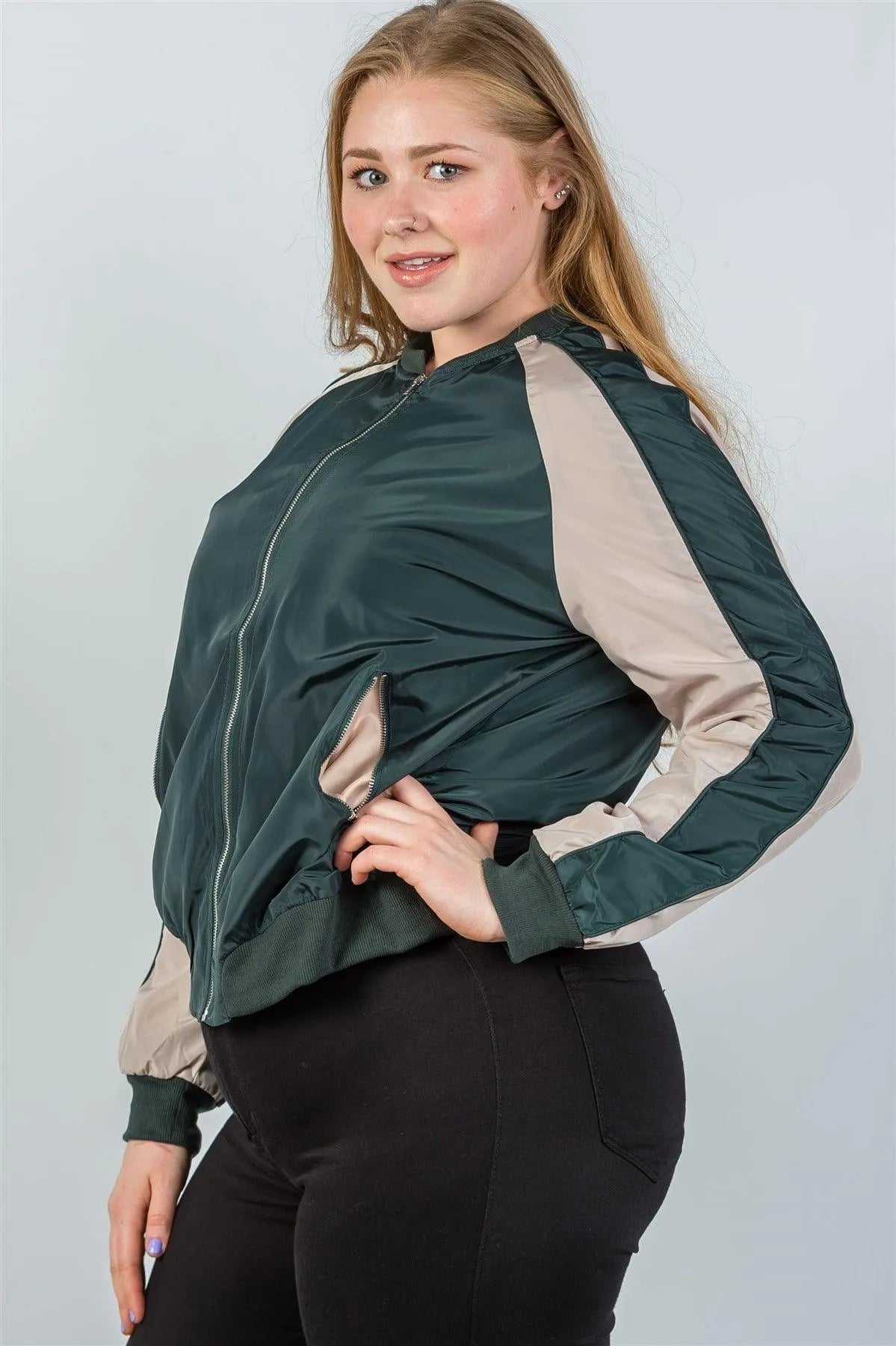 Junior Plus Size H. Green Color Block Stand Collar Zipper Long Sleeve Bomber Jacket /2-2-2 - Tasha Apparel Wholesale