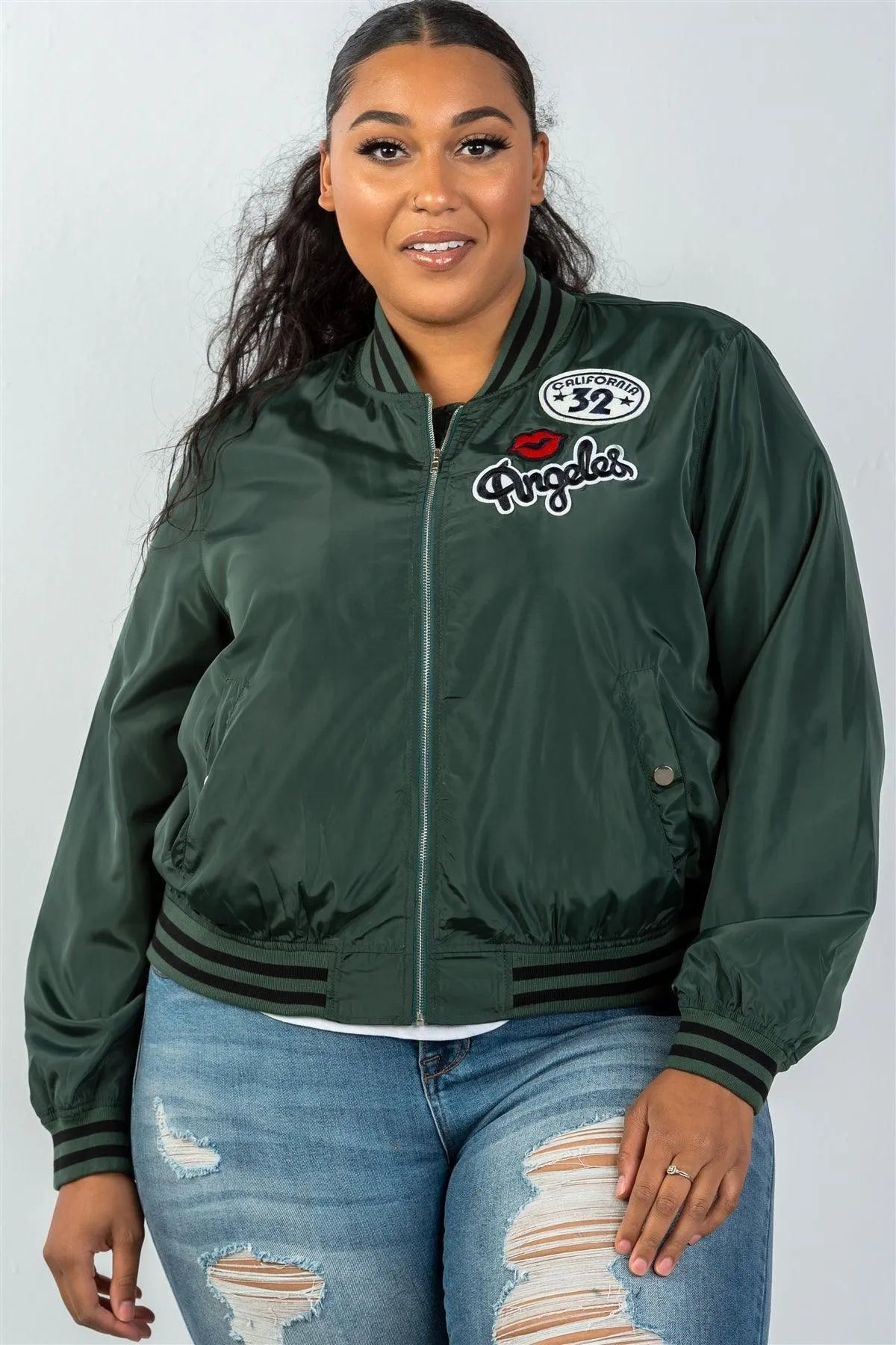 Plus Size Dark Green Patch Bomber Jacket / 2-2-2 - Tasha Apparel Wholesale