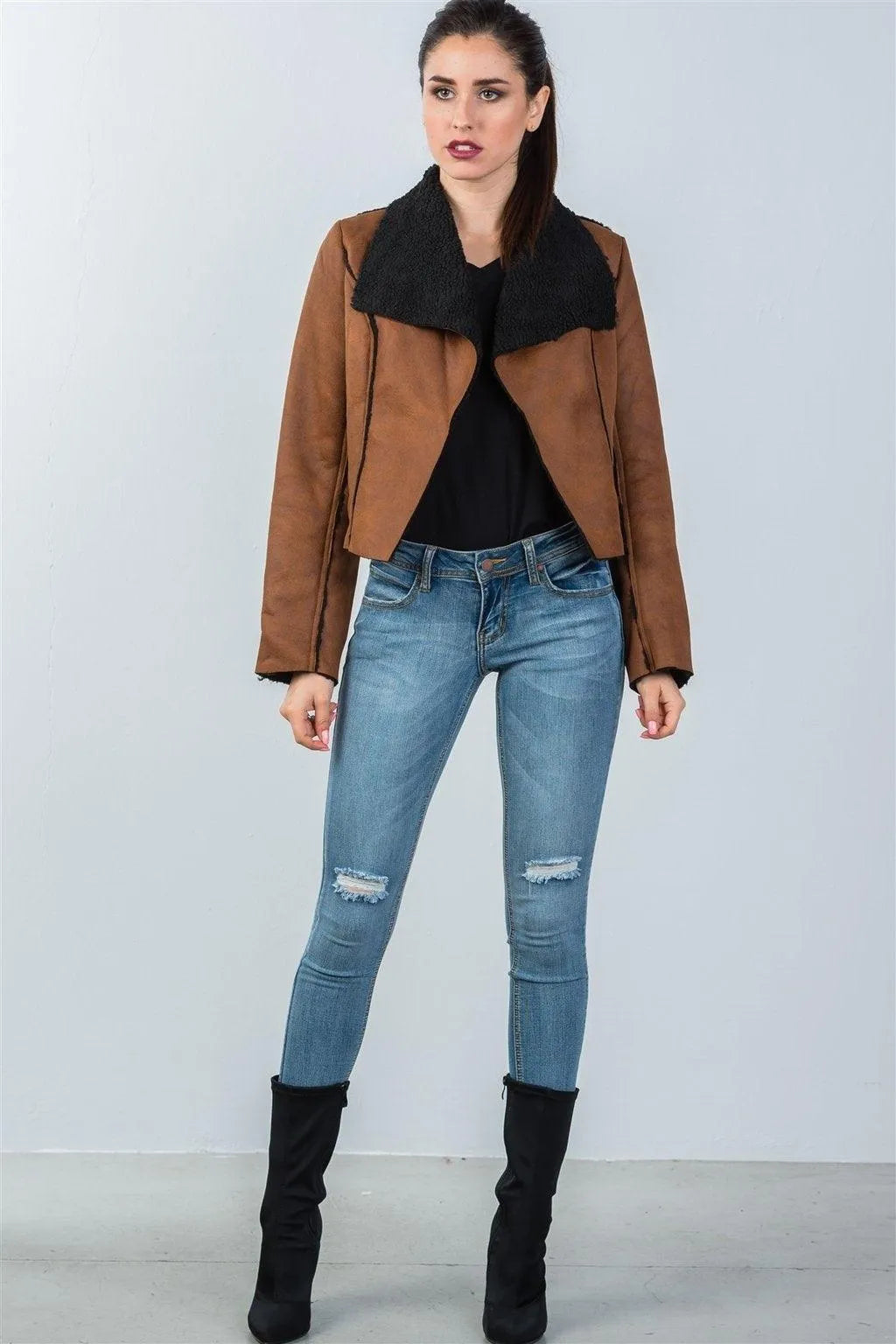 Cognac Relaxed Fit Faux Sheepskin Drape Neck Jacket /1-1 - Tasha Apparel Wholesale