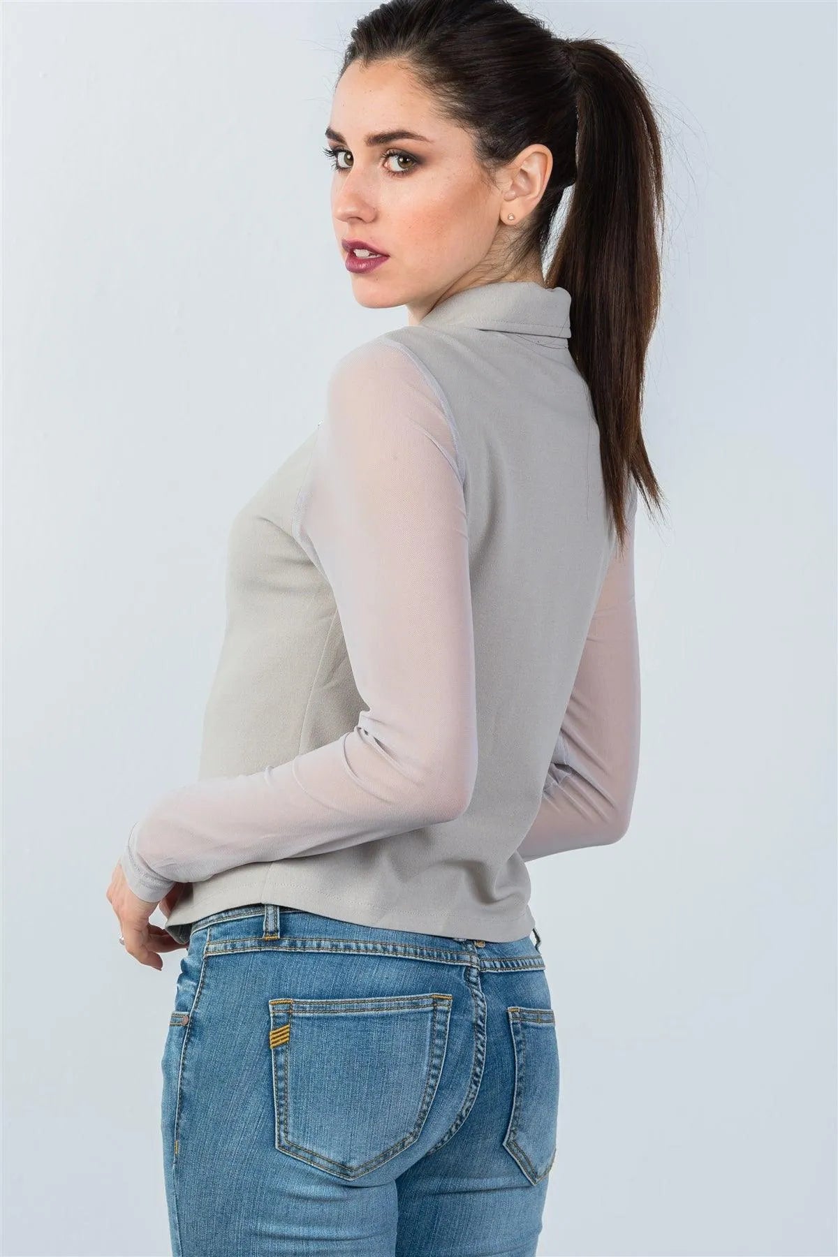 Grey Mesh Long Sleeve Double Zipper Front Jacket / 2-2-2 - Tasha Apparel Wholesale