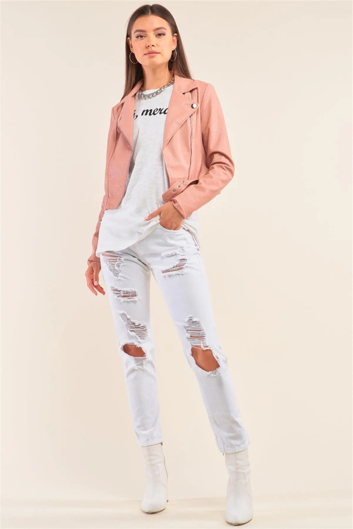 Mauve Oblique Zipper Cropped Vegan Leather Jacket /2-2-2 - Tasha Apparel Wholesale