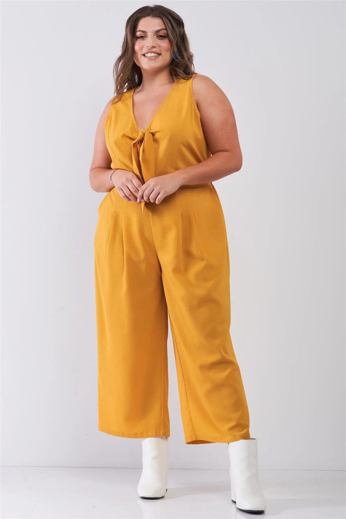 Junior Plus Size Yellow Sleeveless V-Neck Self-Tie Front Detail Wide Leg Jumpsuit /2-2-2 - Tasha Apparel Wholesale