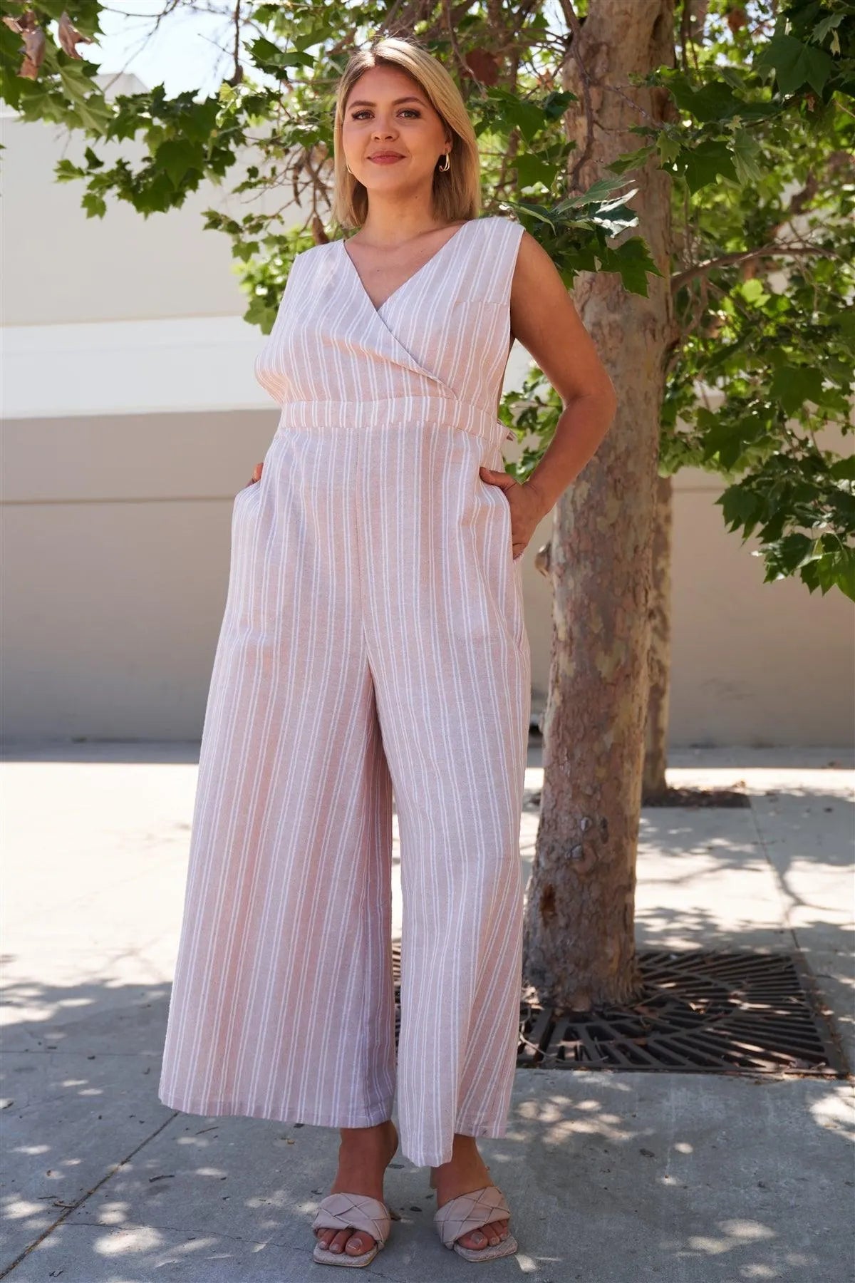 Junior Plus Size Beige Stripe Surplice Neck Overall Jumpsuit /2-2-2 - Tasha Apparel Wholesale