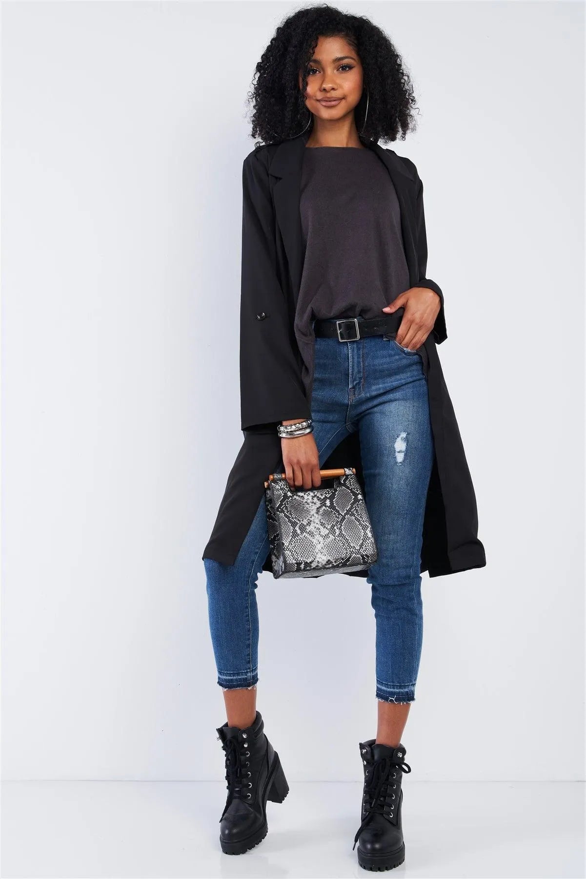 Black Classy Open Front Self-Tie Relaxed Fit Long Sleeve Lightweight Midi Trench Coat Jacket /2-2-2 - Tasha Apparel Wholesale