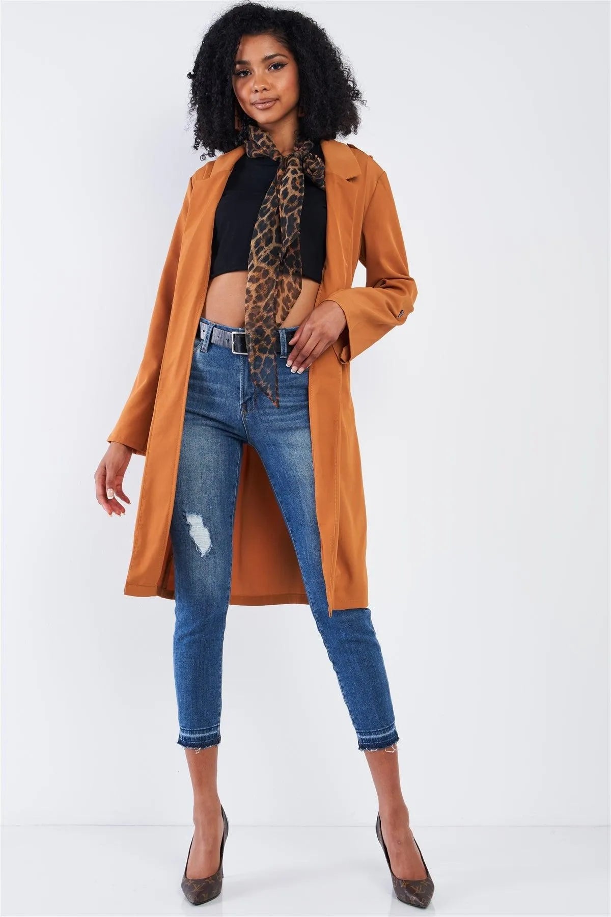 Brown Classy Open Front Self-Tie Relaxed Fit Long Sleeve Lightweight Midi Trench Coat Jacket /2-2-2 - Tasha Apparel Wholesale
