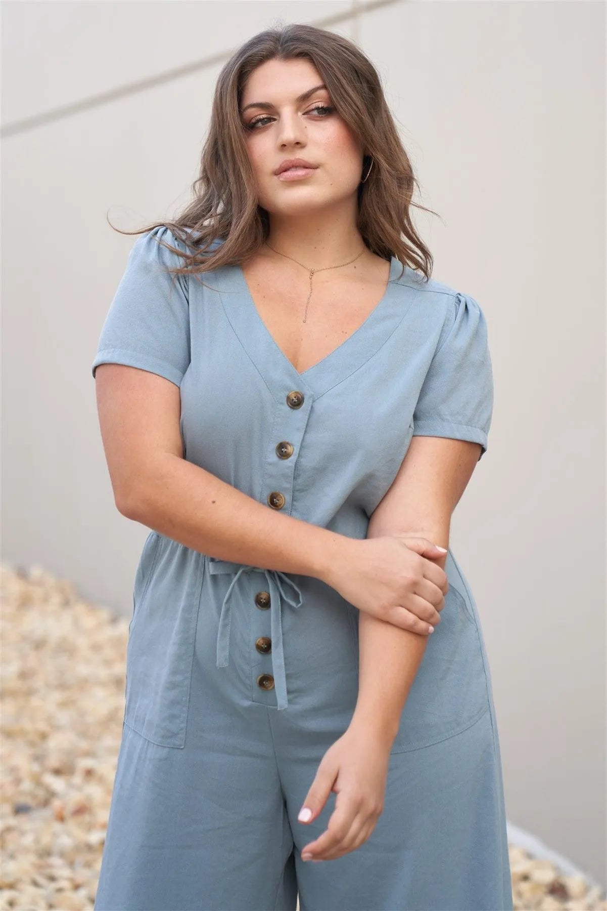 Junior Plus Natural Blue Short Sleeve V-Neck Front Button Down Self-Tie Waist Ankle Length Jumpsuit /2-2-2 - Tasha Apparel Wholesale