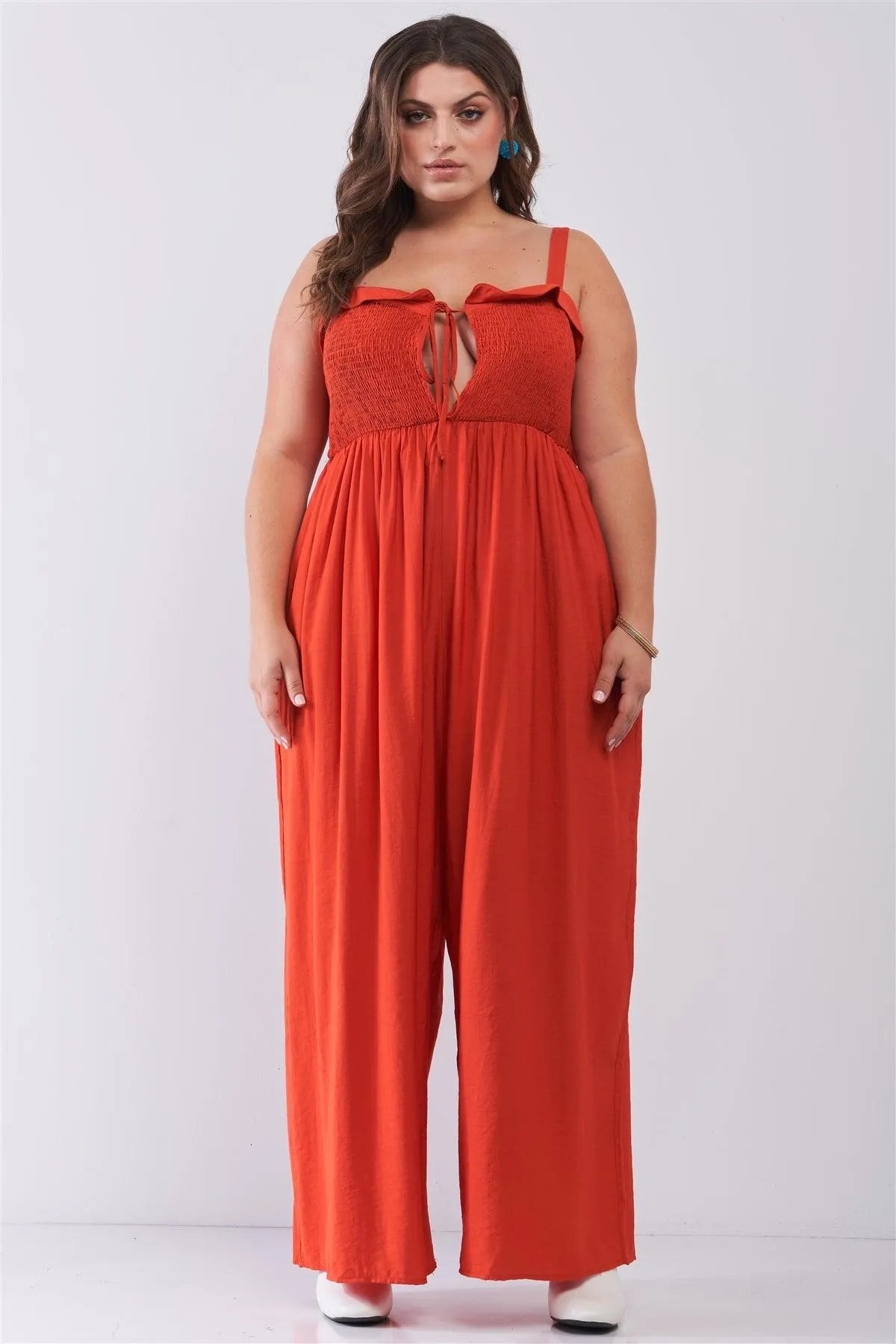 Junior Plus Red Sleeveless Smocked Self-Tie Neckline High-Waisted Very Wide Leg Jumpsuit /2-2 - Tasha Apparel Wholesale