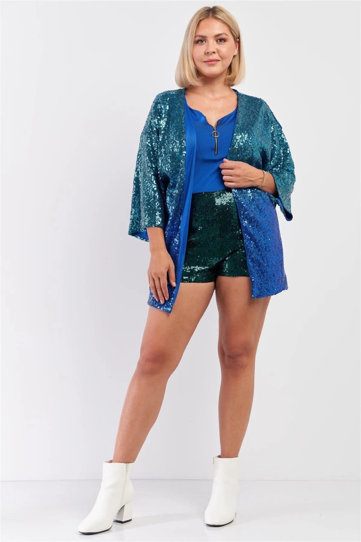Junior Plus Blue & Green Gradient Effect Shiny Sequin Open Front Midi Sleeve Blazer /2-2-2 - Tasha Apparel Wholesale