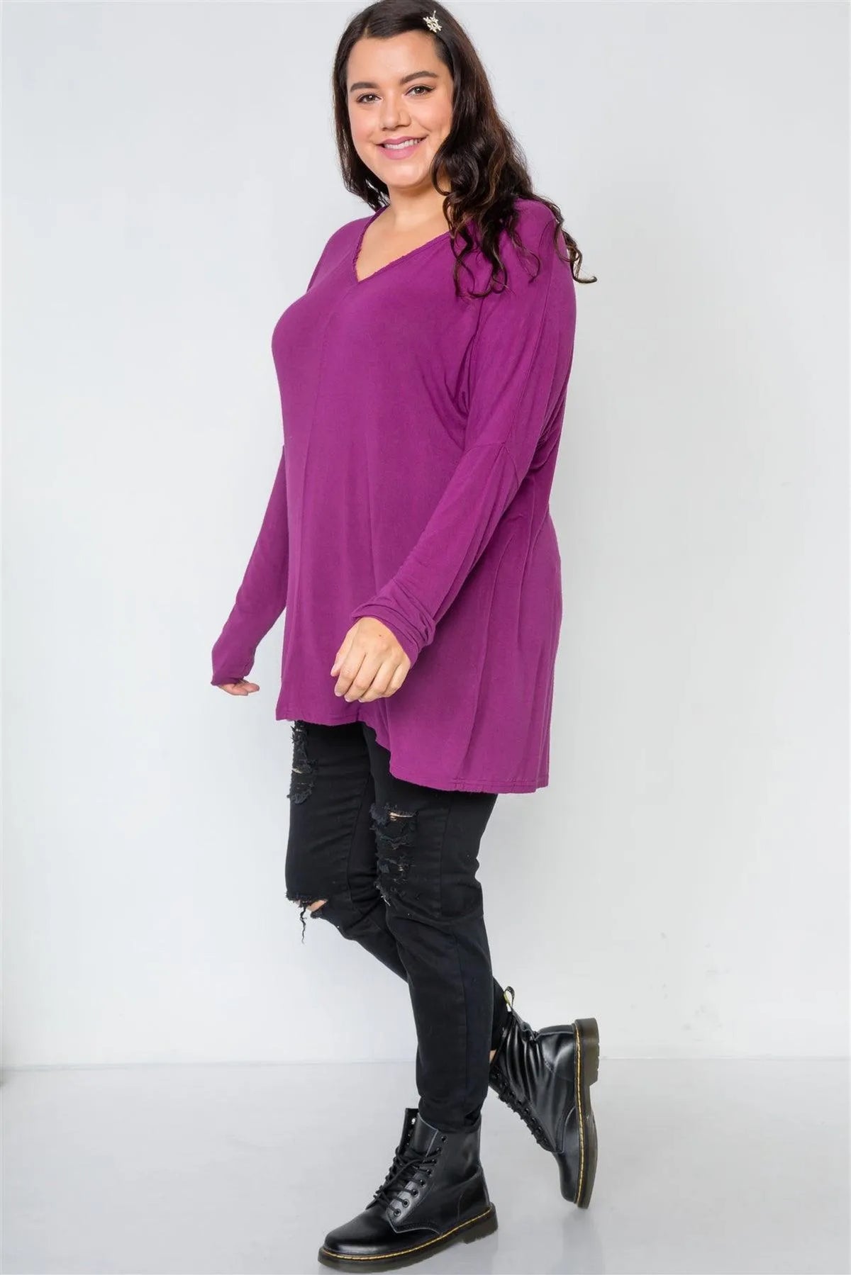 Plus Size Magenta Oversized Long Sleeve Tunic Top - Tasha Apparel Wholesale