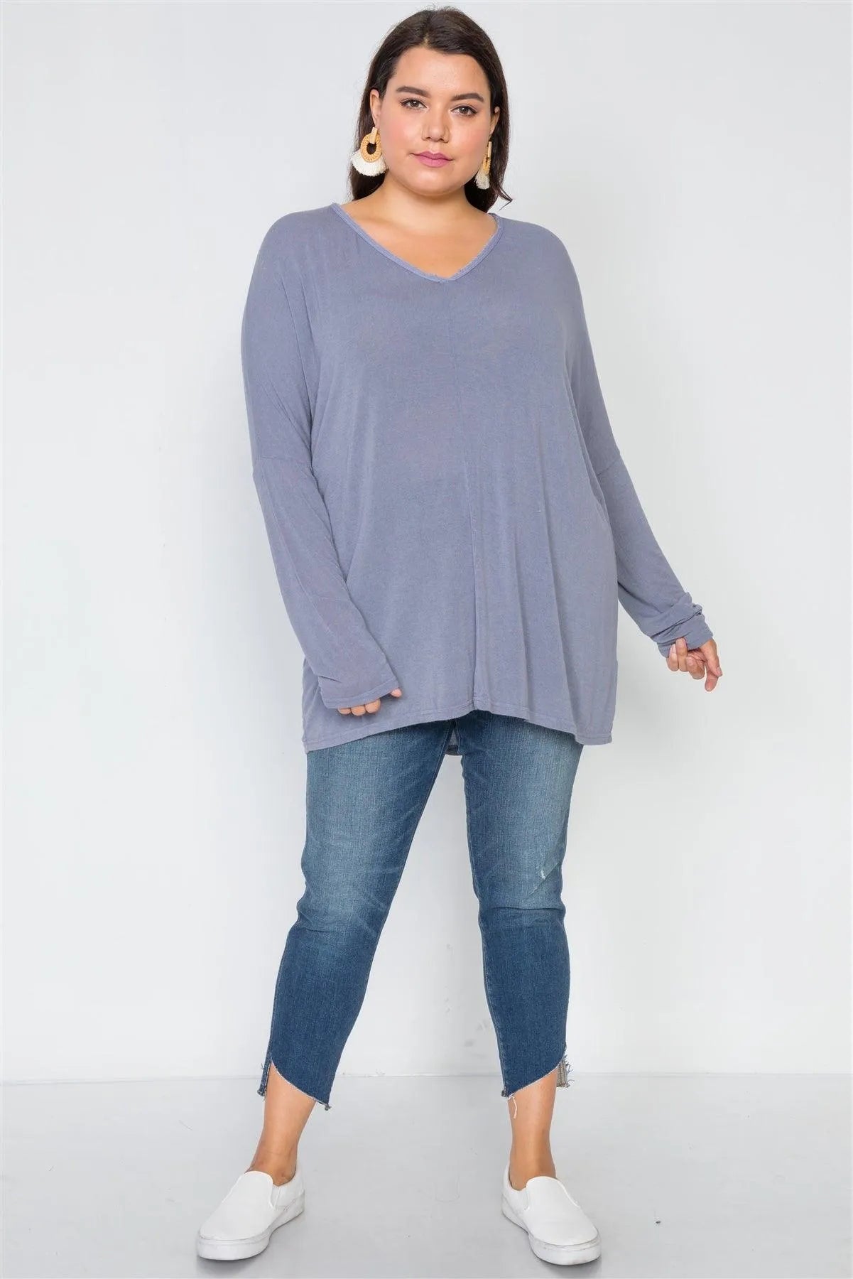 Junior Plus Size Slate Grey Basic Oversized Long Sleeve Top / 2-2-2 - Tasha Apparel Wholesale