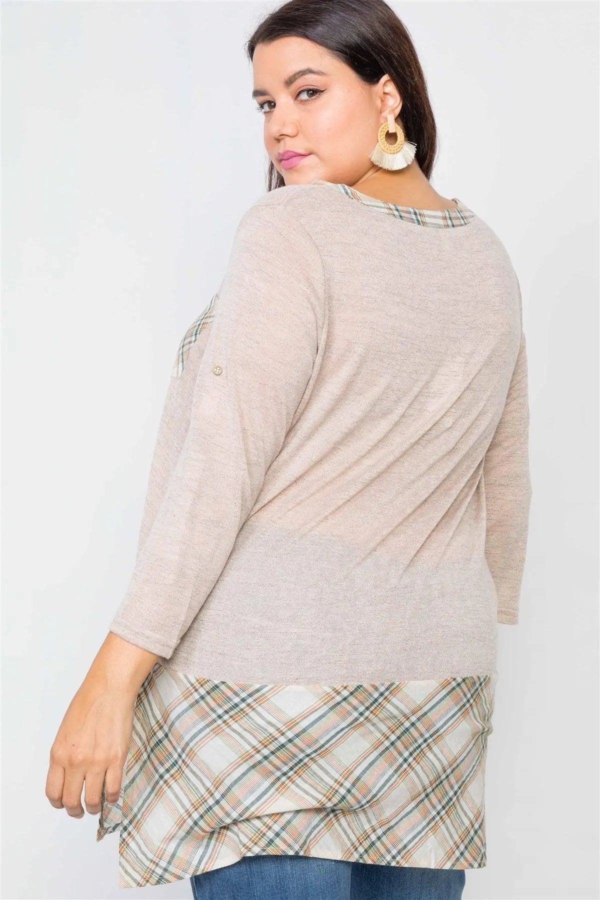 Plus Size Taupe Plaid Combo Plus Size Top - Tasha Apparel Wholesale