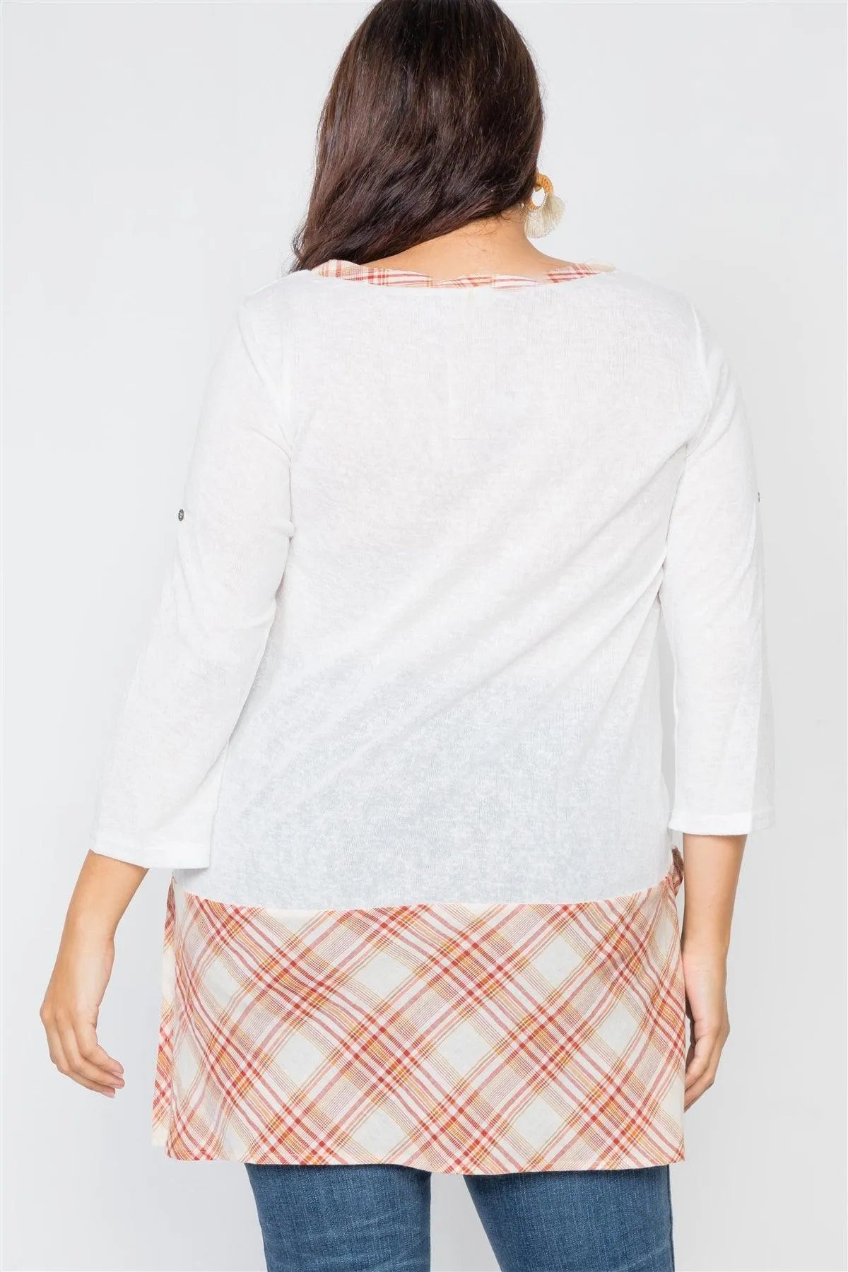 Plus Size White Plaid Combo Long Sleeve Shirt - Tasha Apparel Wholesale