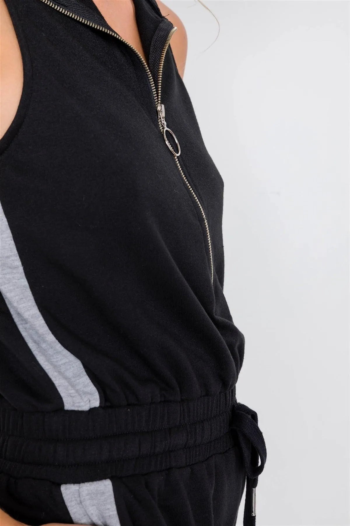 Black Zip-Up Sleeveless Athletic Grey Trim Short Romper /3-2-1 - Tasha Apparel Wholesale