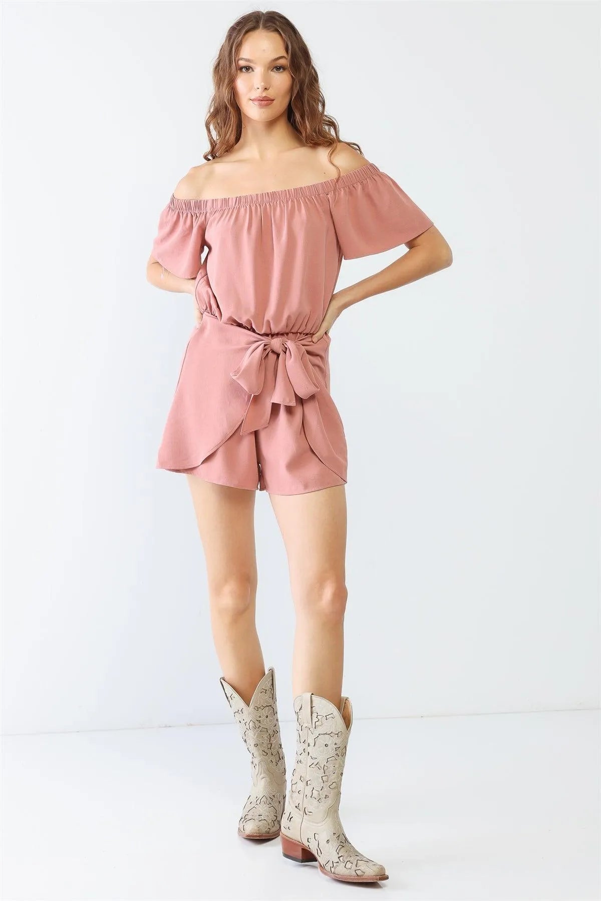 Dusty Peach Off-The-Shoulder Short Sleeve Front Bow Romper /2-2-2 - Tasha Apparel Wholesale