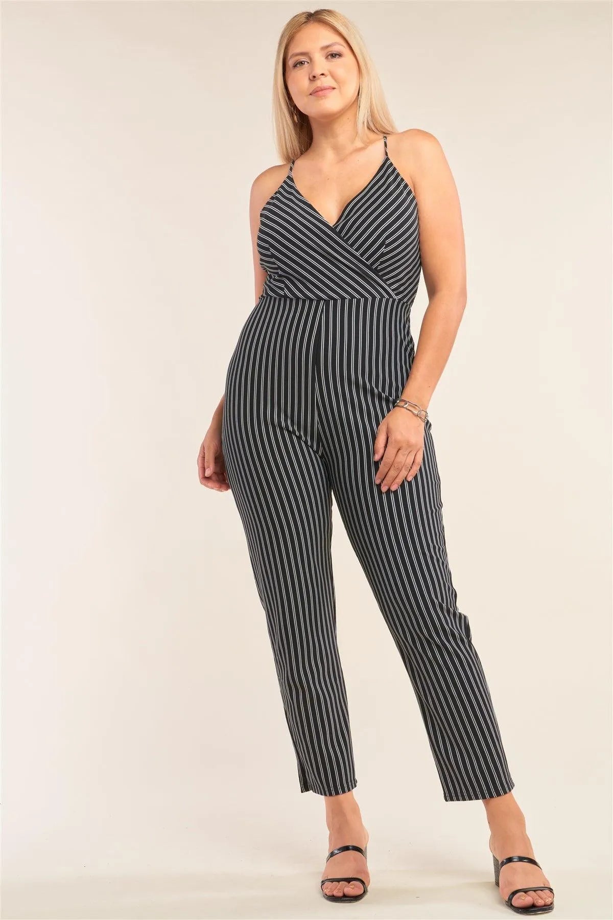 Junior Plus Size Black & White Striped Wrap Sleeveless Criss-Cross Strap Deep Plunge V-Neck Jumpsuit /2-2-2 - Tasha Apparel Wholesale