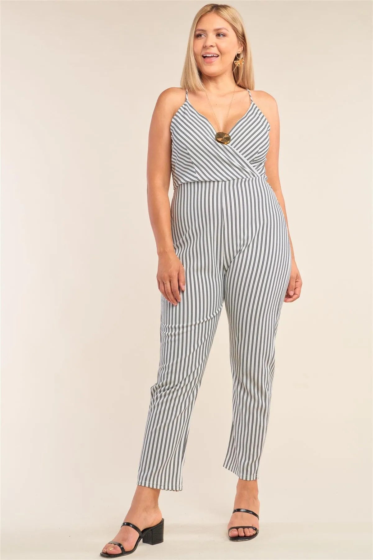 Plus Size Striped Wrap Criss-Cross Strap Deep Plunge V-Neck Jumpsuit /2-2-2 - Tasha Apparel Wholesale