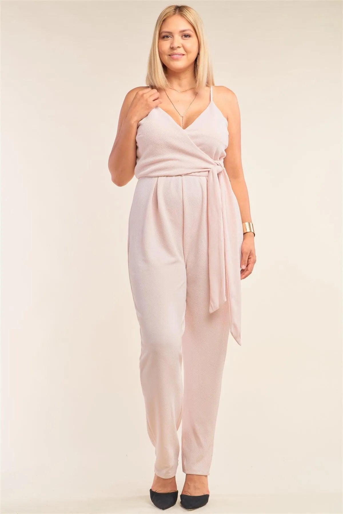 Junior Plus Size Stone Blush Pink Sleeveless Self-Tie Wrap Detail Deep Plunge V-Neck Jumpsuit /2-2-2 - Tasha Apparel Wholesale