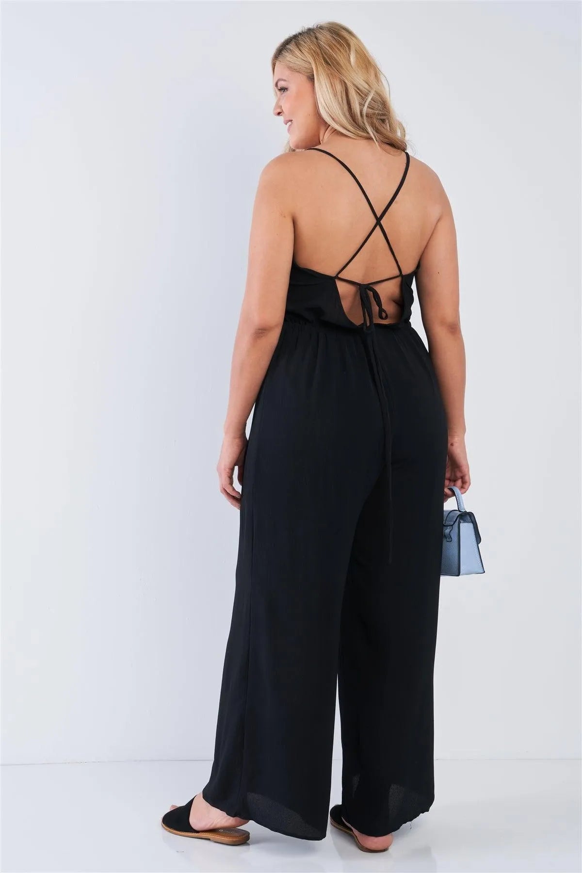 Junior Plus Size Black V-Neck Cami Wide Leg Self-Tie Criss Cross Back Jumpsuit /2-2-2 - Tasha Apparel Wholesale