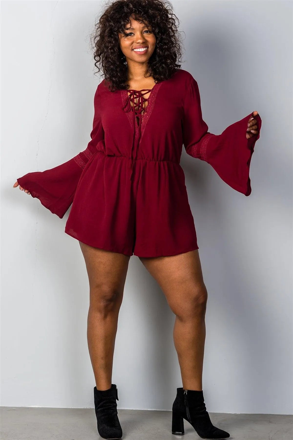 Burgundy Plunging V-Neck Plus Size Romper /2-2-2 - Tasha Apparel Wholesale